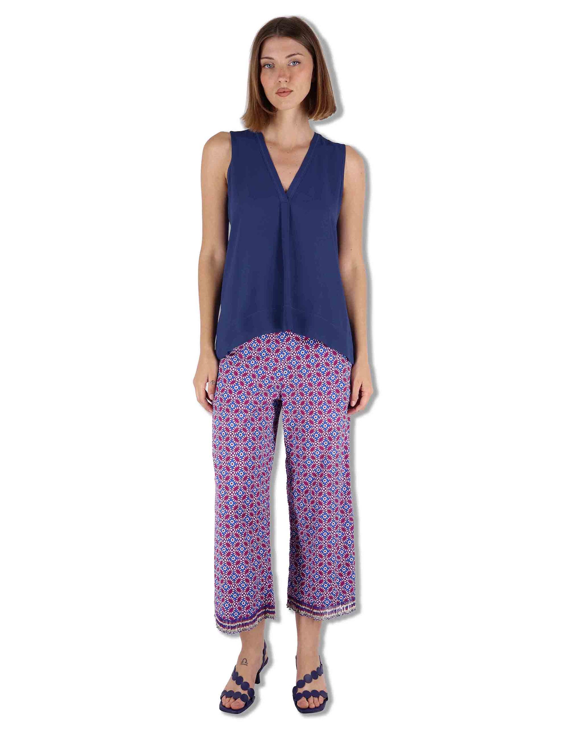 Top donna Fluid Crepe in seta blu senza maniche maniche scollo a V JP554050672 80043 Maliparmi 