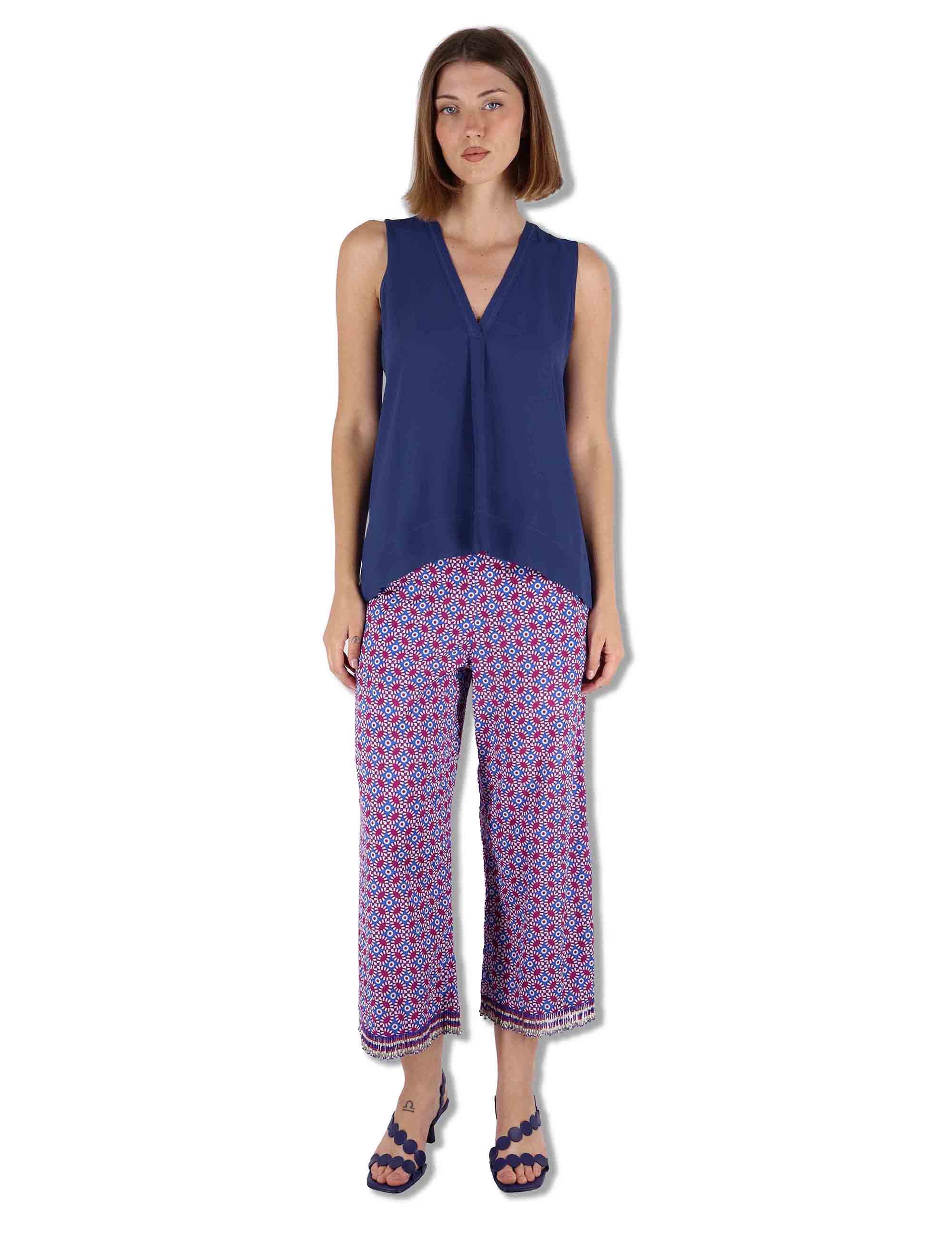 Top donna Fluid Crepe in seta blu senza maniche maniche scollo a V JP554050672 80043 Maliparmi 