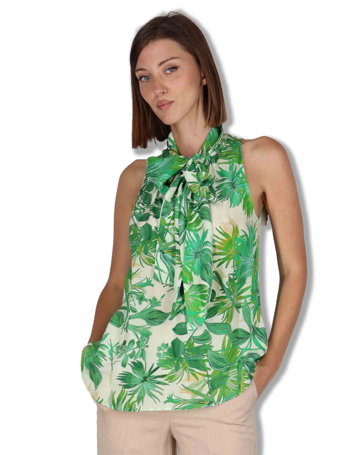 Top donna Botanic Jungle in viscosa verde floreale con fusciacca JP555850663 D6091 Maliparmi 