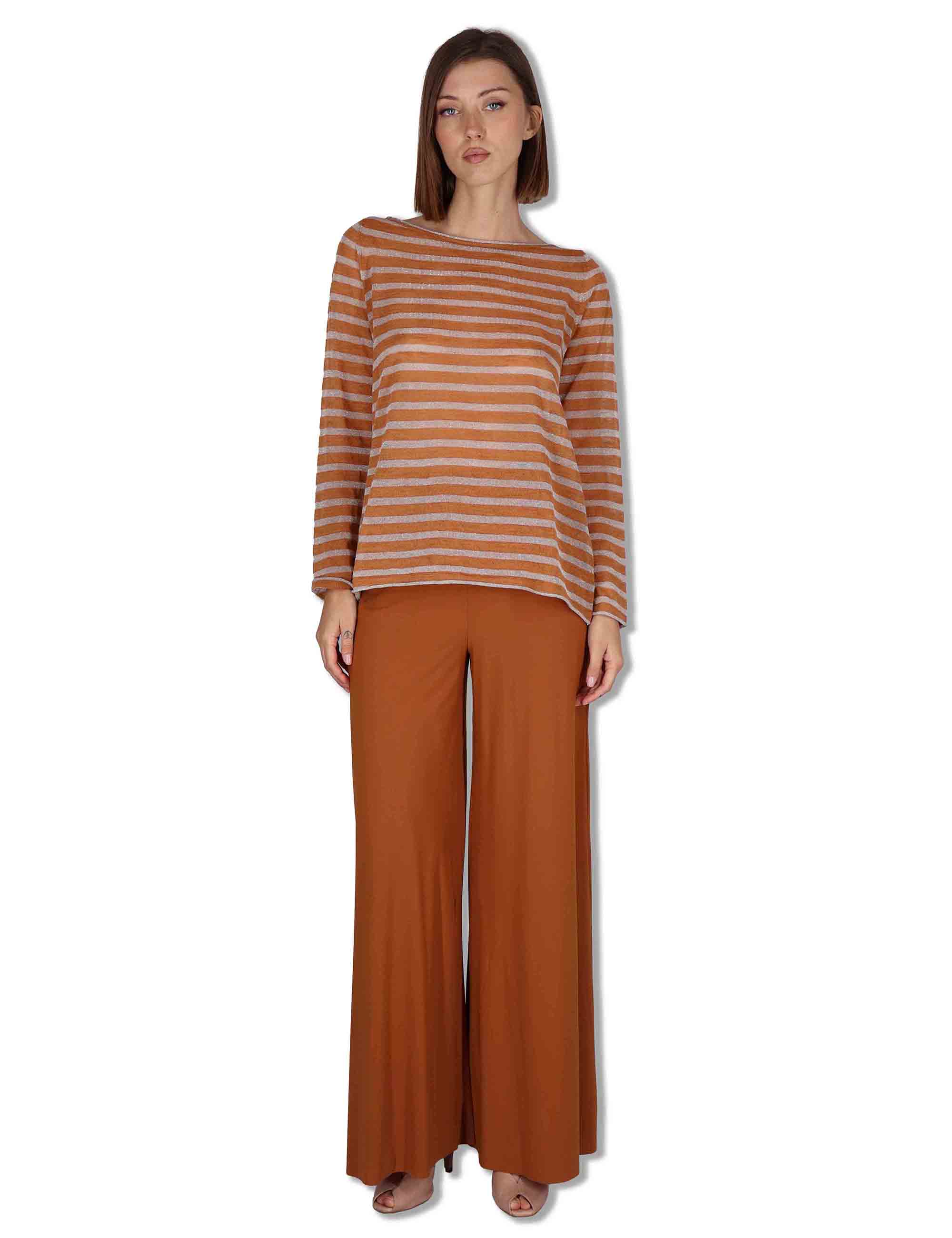 Maglie donna Summer Linen in misto lino cammello e beige a strisce JQ509178148 12B11 Maliparmi 