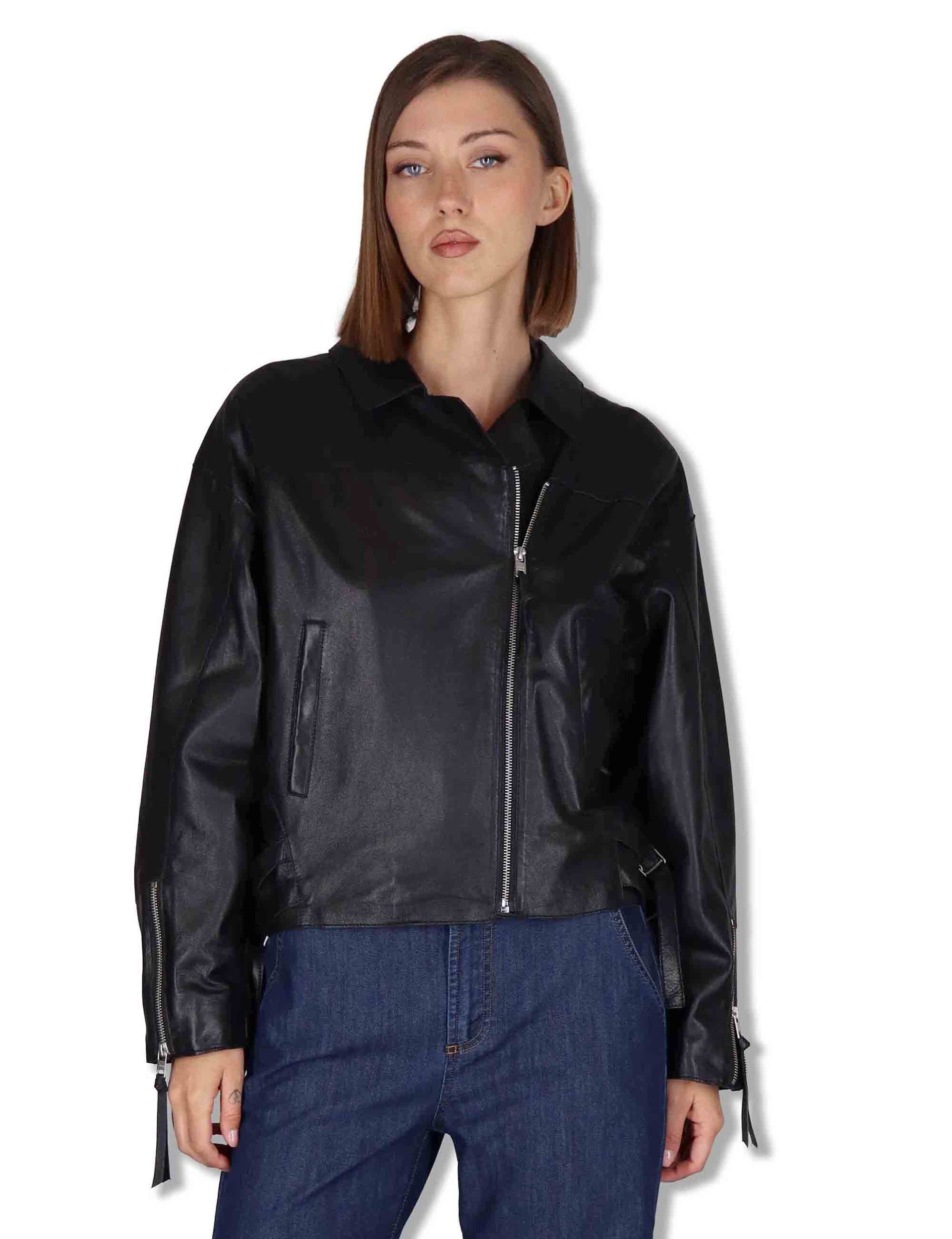 Giubbini donna chiodo in pelle nera con zip e tasche RWJ104 047 Rehard 