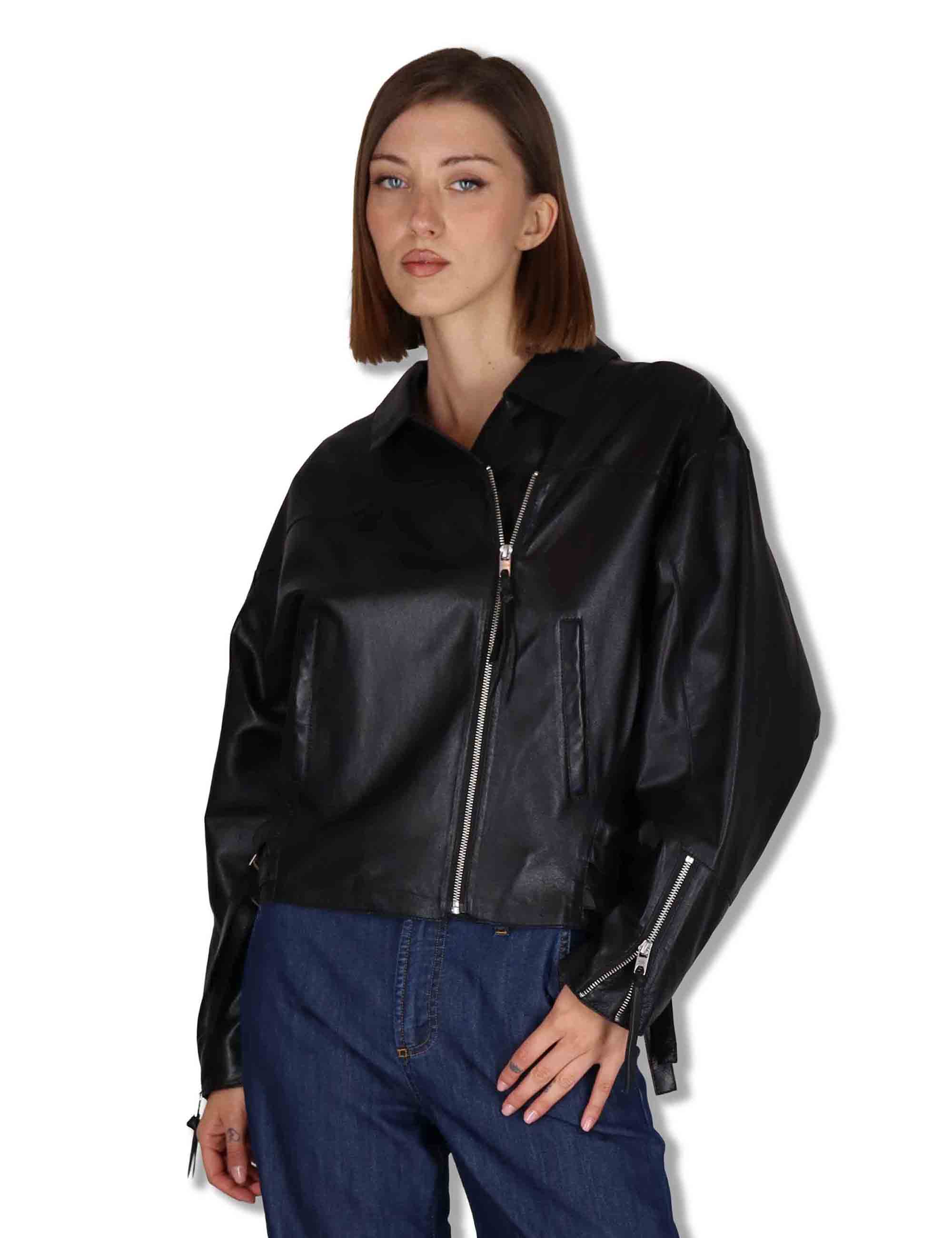 Giubbini donna chiodo in pelle nera con zip e tasche RWJ104 047 Rehard 