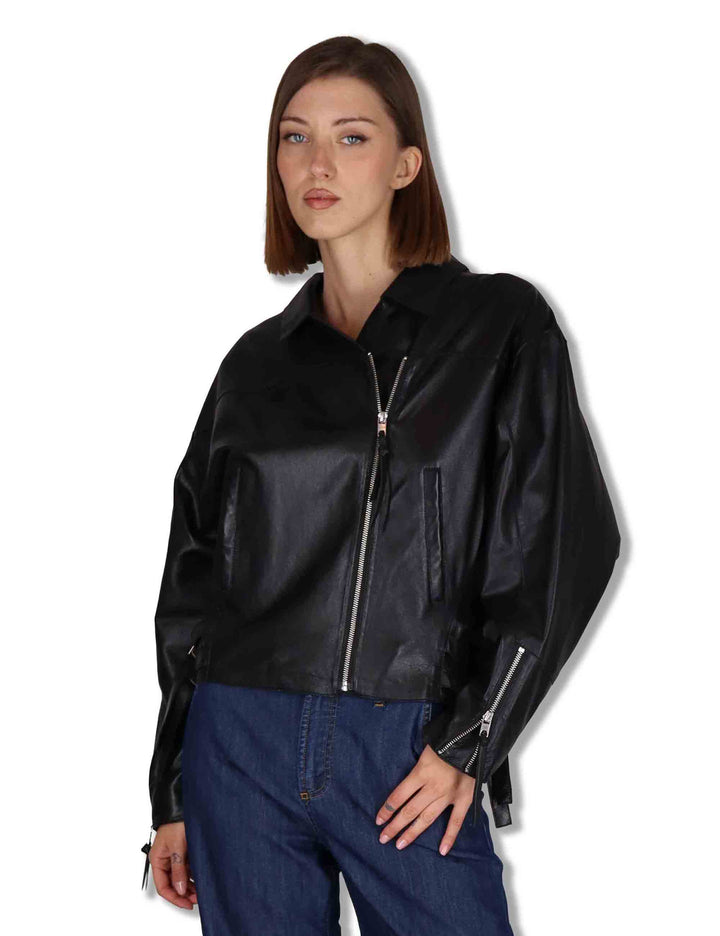 Giubbini donna chiodo in pelle nera con zip e tasche RWJ104 047 Rehard 
