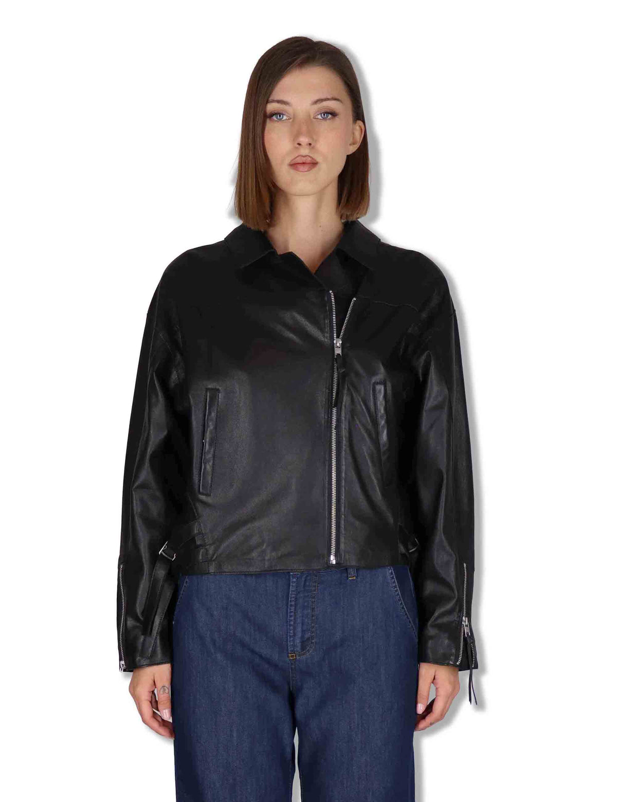 Giubbini donna chiodo in pelle nera con zip e tasche RWJ104 047 Rehard 