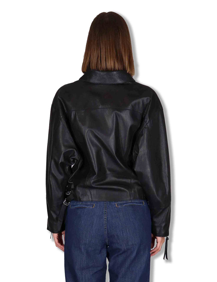 Giubbini donna chiodo in pelle nera con zip e tasche RWJ104 047 Rehard 