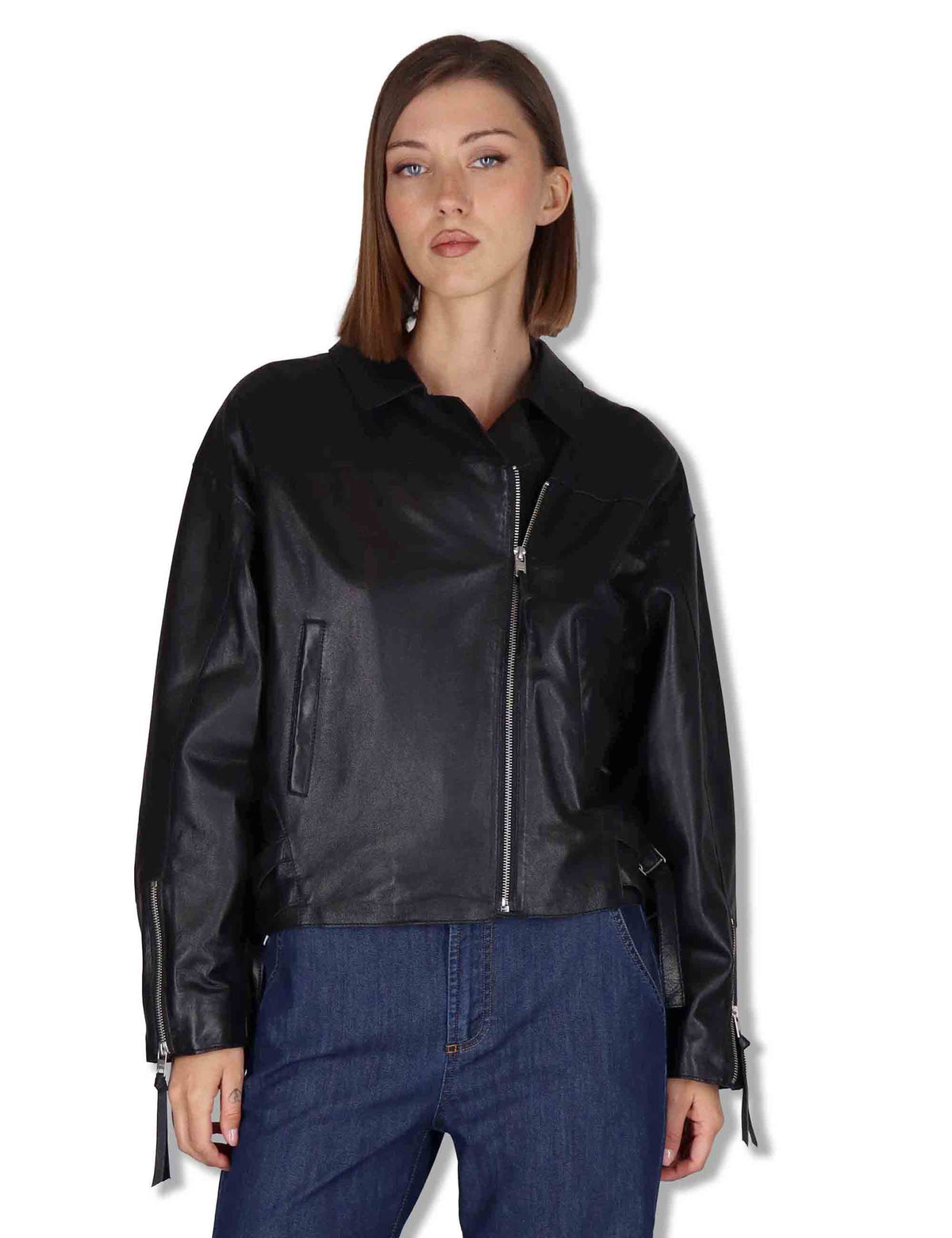 Giubbini donna chiodo in pelle nera con zip e tasche RWJ104 047 Rehard 