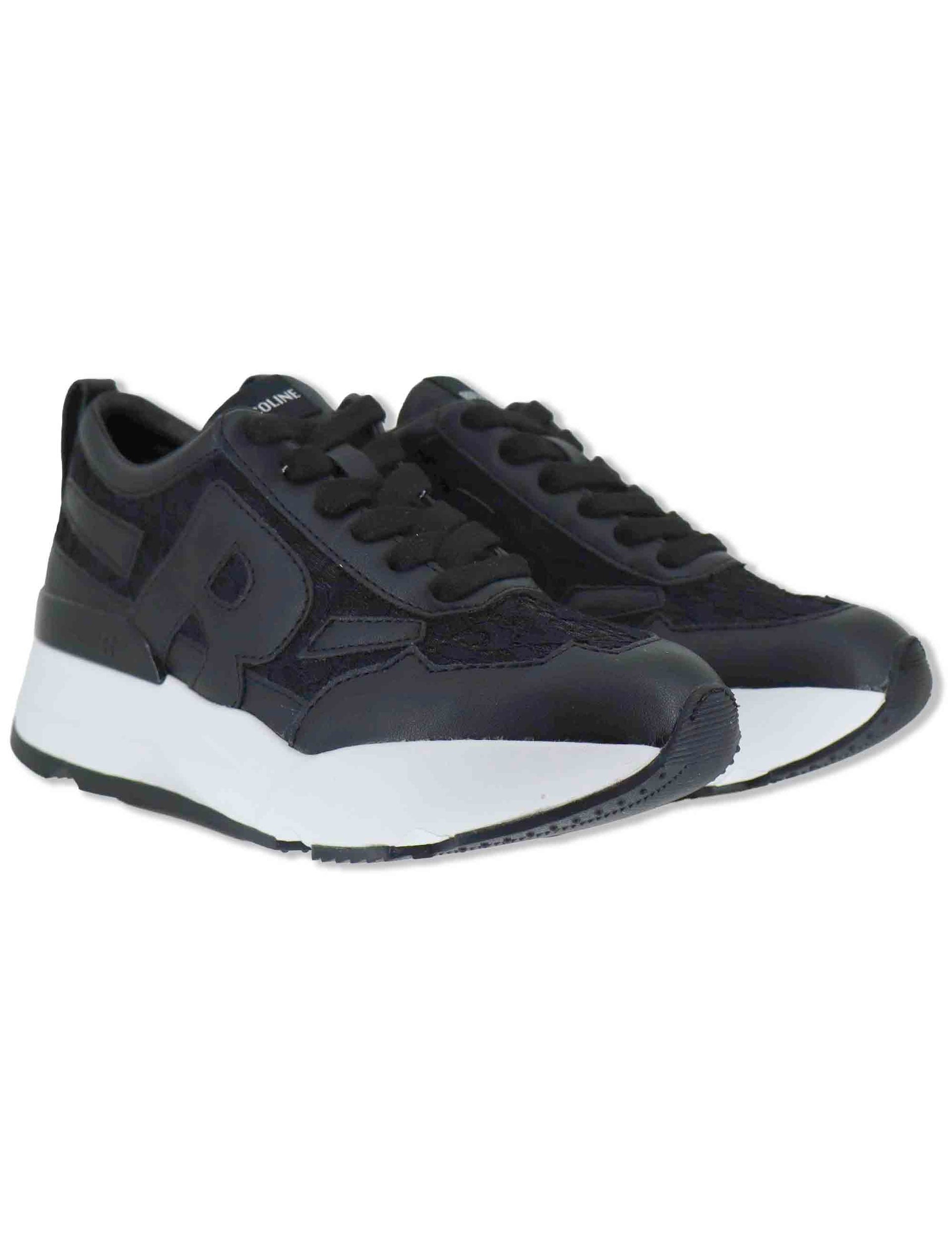 Sneakers donna in pelle e pizzo nero con zeppa alta in gomma 4009-84585 1 Ruco Line 