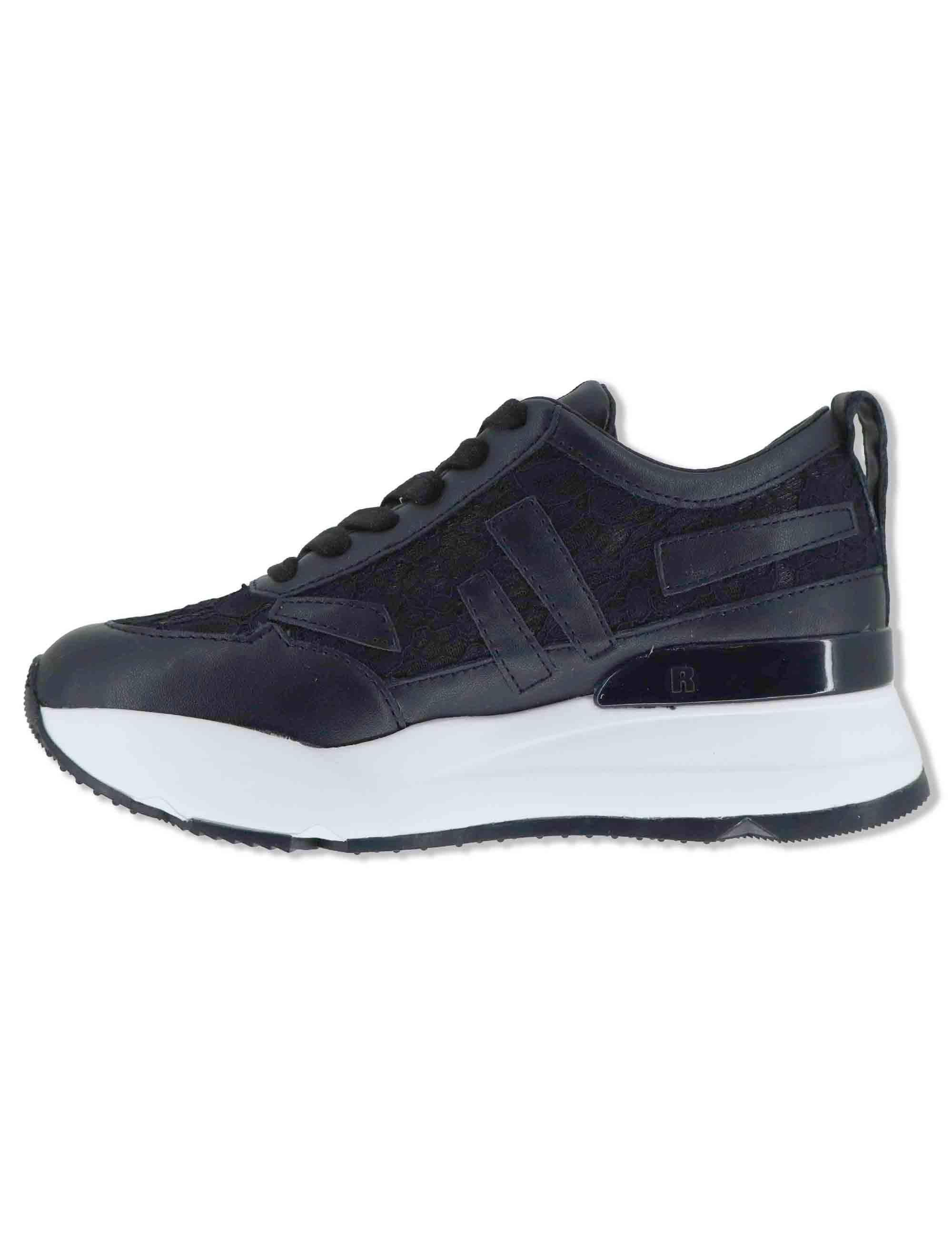 Sneakers donna in pelle e pizzo nero con zeppa alta in gomma 4009-84585 1 Ruco Line 