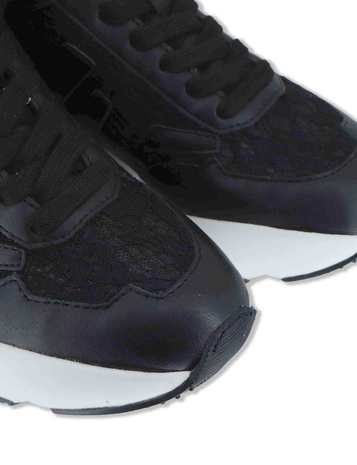 Sneakers donna in pelle e pizzo nero con zeppa alta in gomma 4009-84585 1 Ruco Line 
