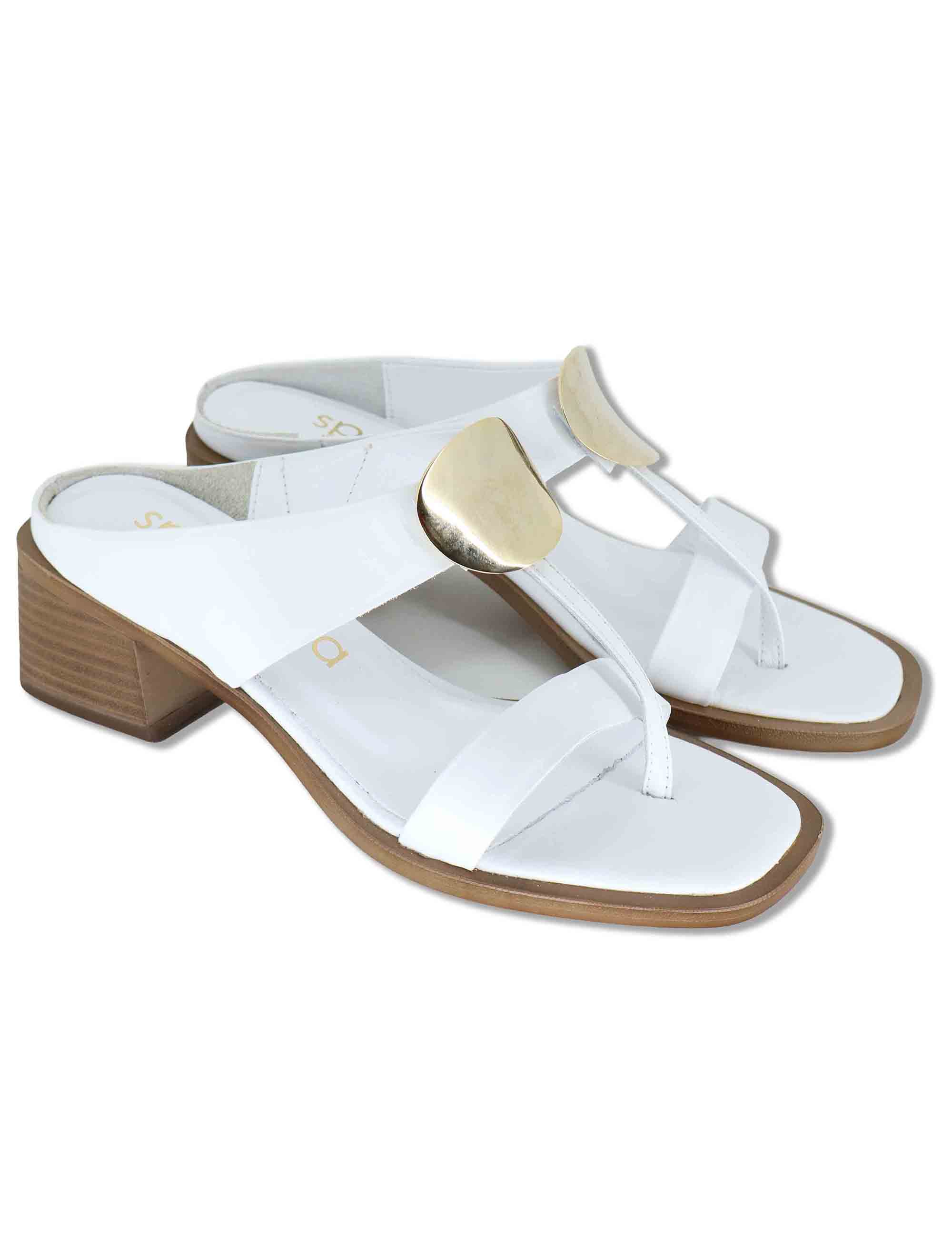 Sandali donna infradito in pelle bianca con bottone oro e tacco medio SP262060 002 Spatarella 
