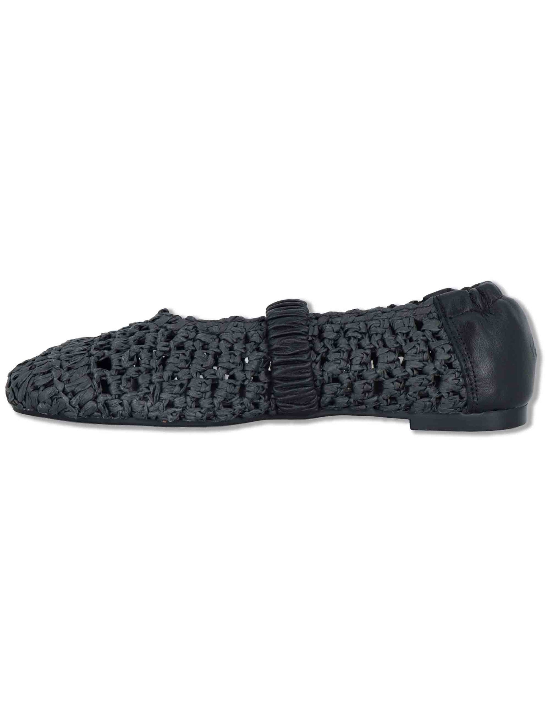 Ballerine donna in rafia nera intrecciata con elastico in pelle e tacco basso SP251400 001 Spatarella 