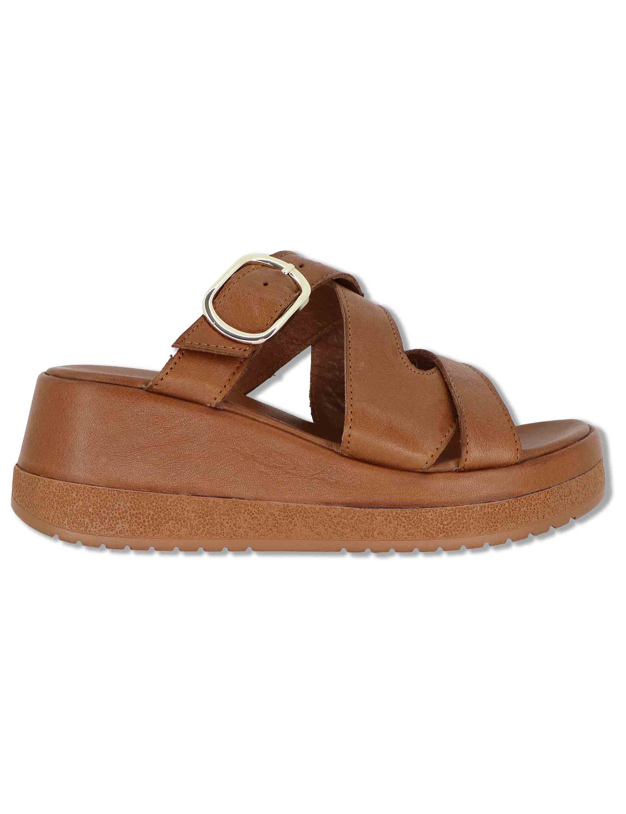 Sandali donna in pelle cuoio con fascette e fibbia e zeppa alta SP261352 014 Spatarella 