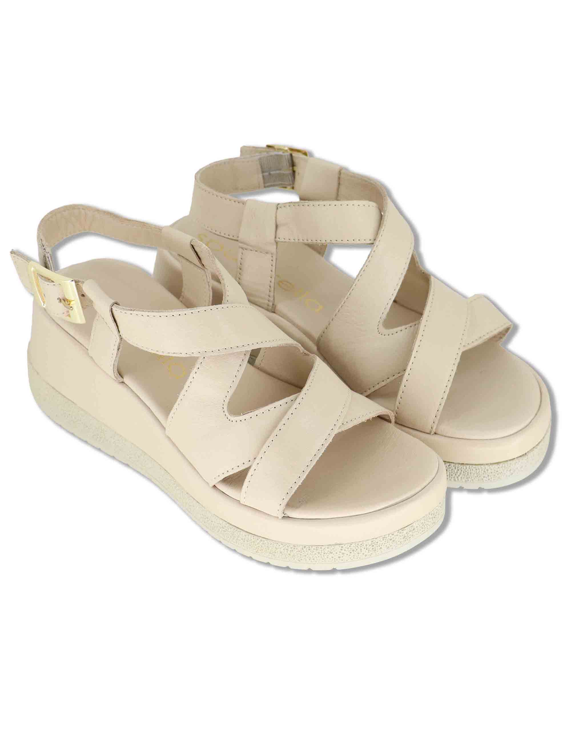 Sandali donna slingback in pelle beige con zeppa e cinturino regolabile SP261354 020 Spatarella 
