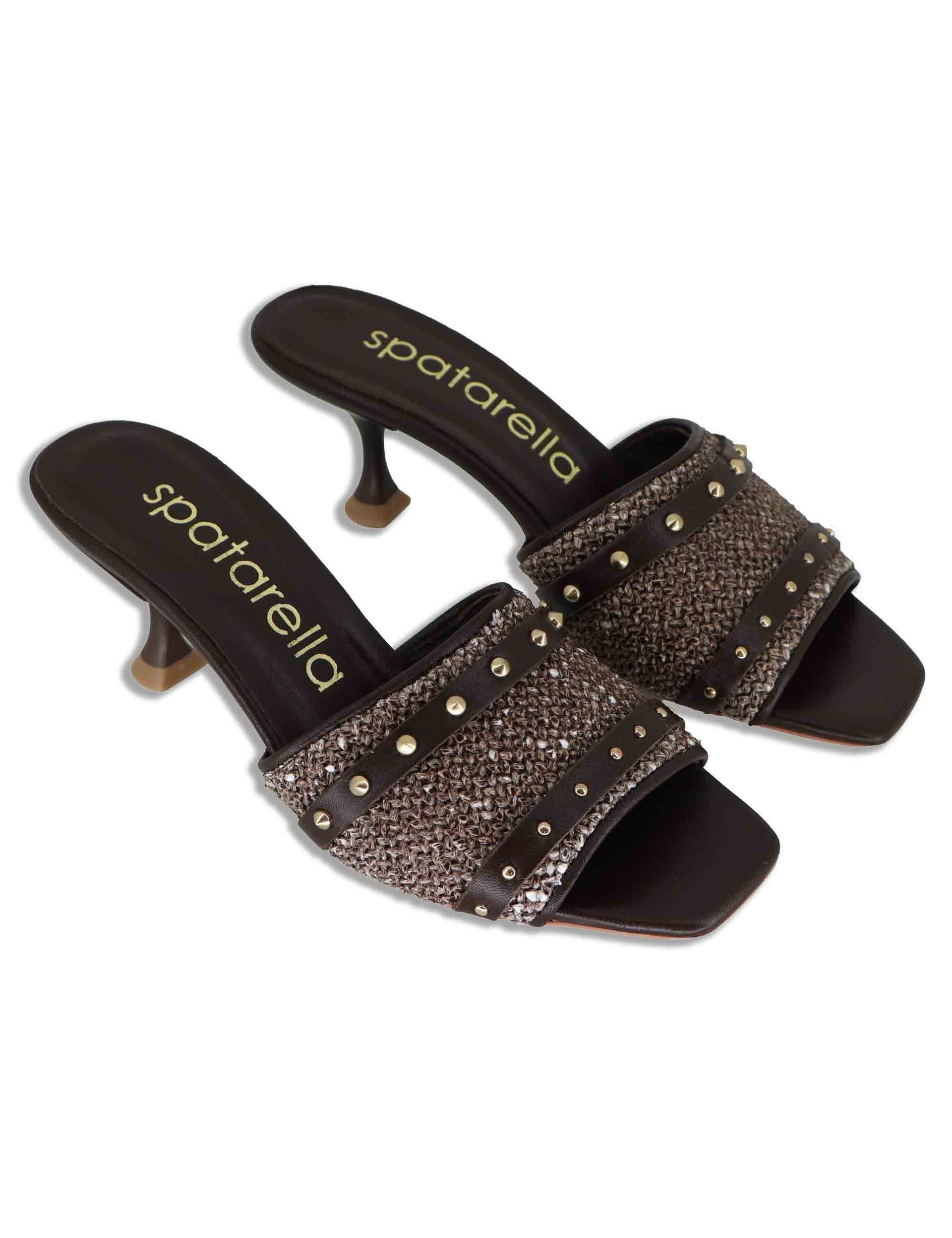 Sandali donna in pelle e rafia testa di moro con borchie oro e tacco alto SP261402 014 Spatarella 