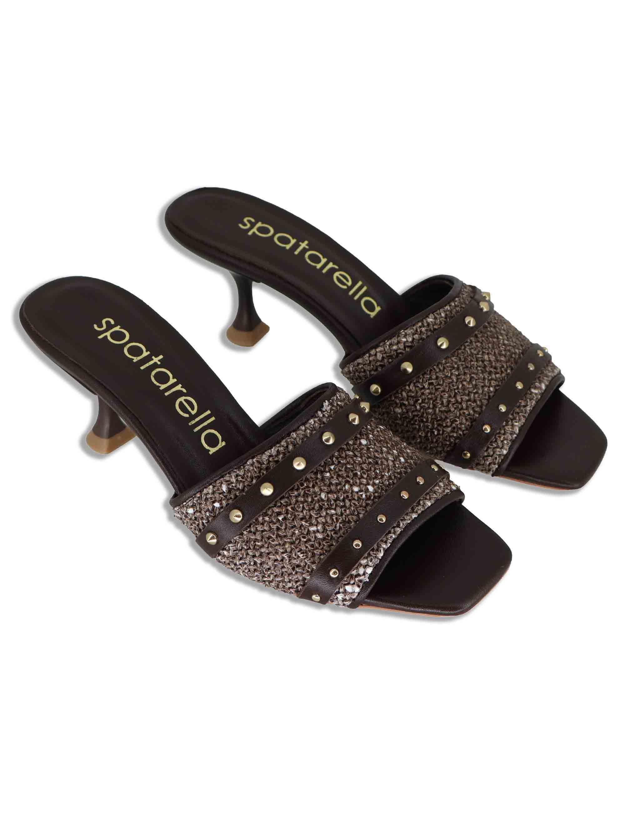 Sandali donna in pelle e rafia testa di moro con borchie oro e tacco alto SP261402 014 Spatarella 