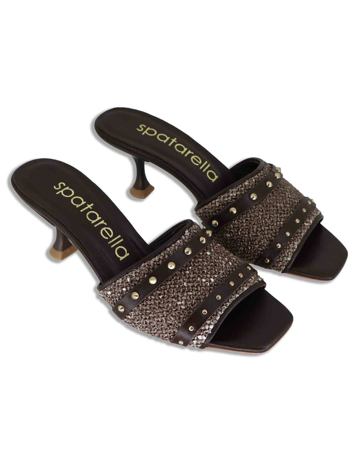 Sandali donna in pelle e rafia testa di moro con borchie oro e tacco alto SP261402 014 Spatarella 
