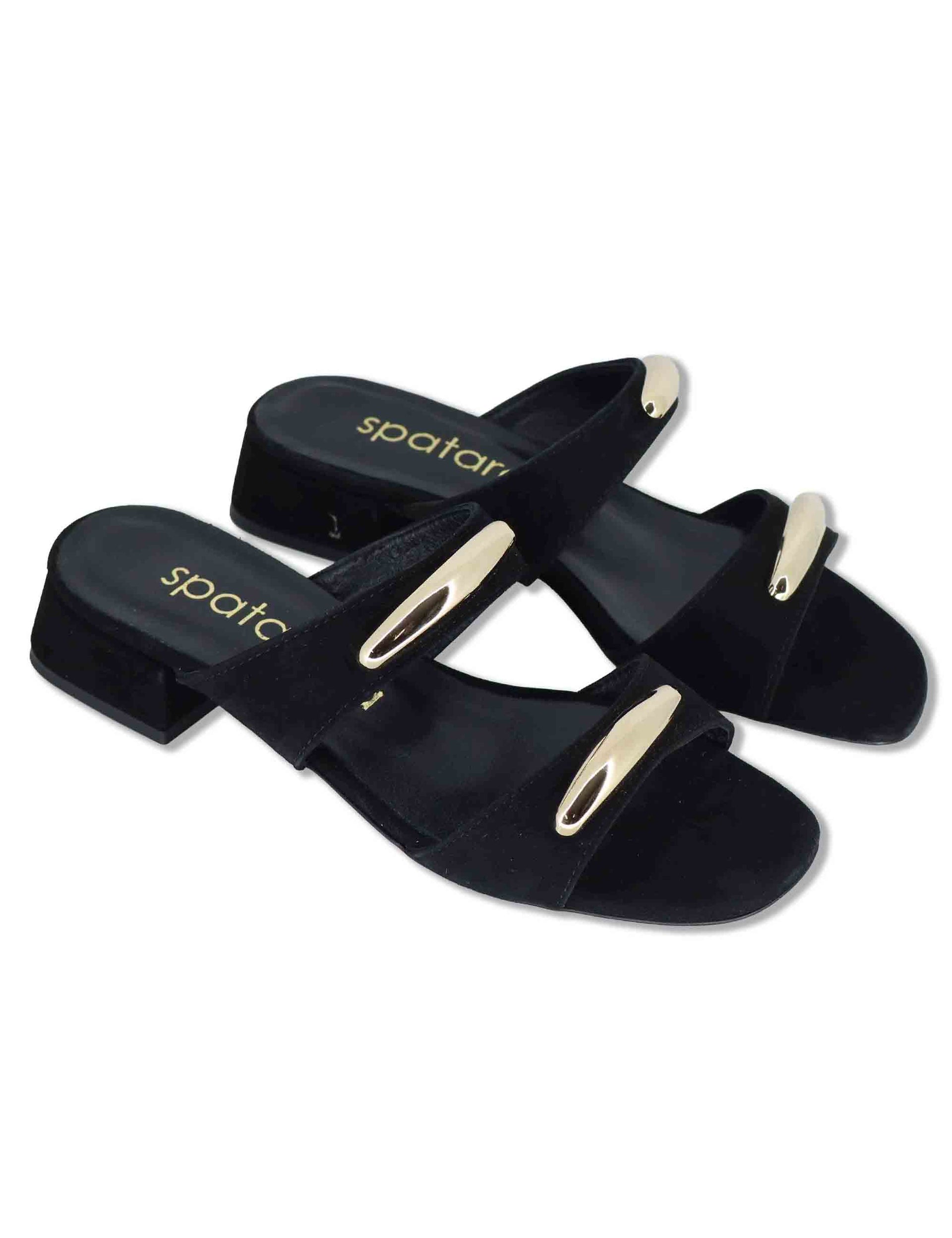 Sandali donna in camoscio nero doppia fascia con accessori e tacco basso SP261528 001 Spatarella 