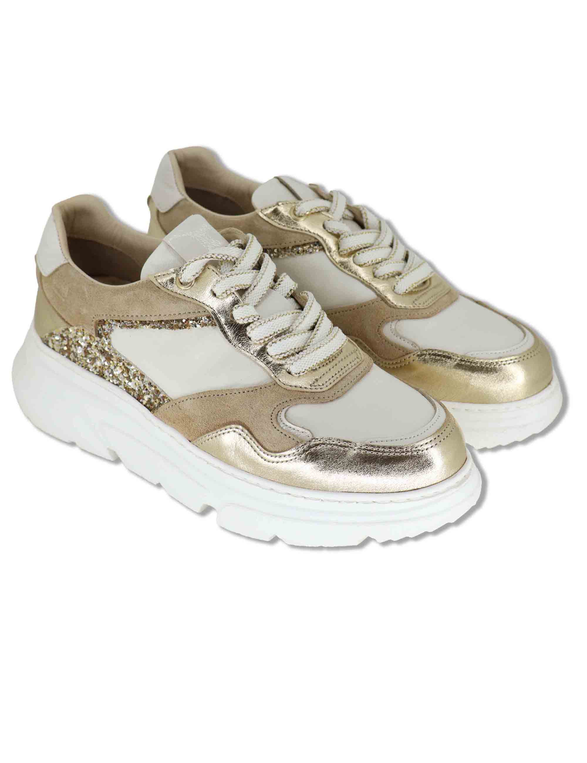 Sneakers donna in pelle platino con glitter e suola alta SP60167 022 Spatarella 