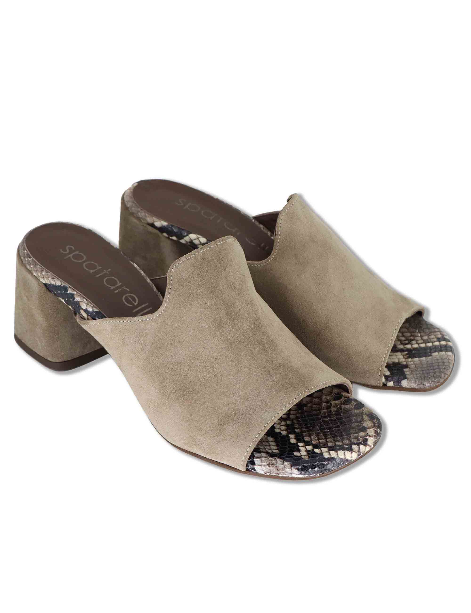Sandali donna scalzati in camoscio taupe con tacco medio senza cinturini SP8210 033 Spatarella 