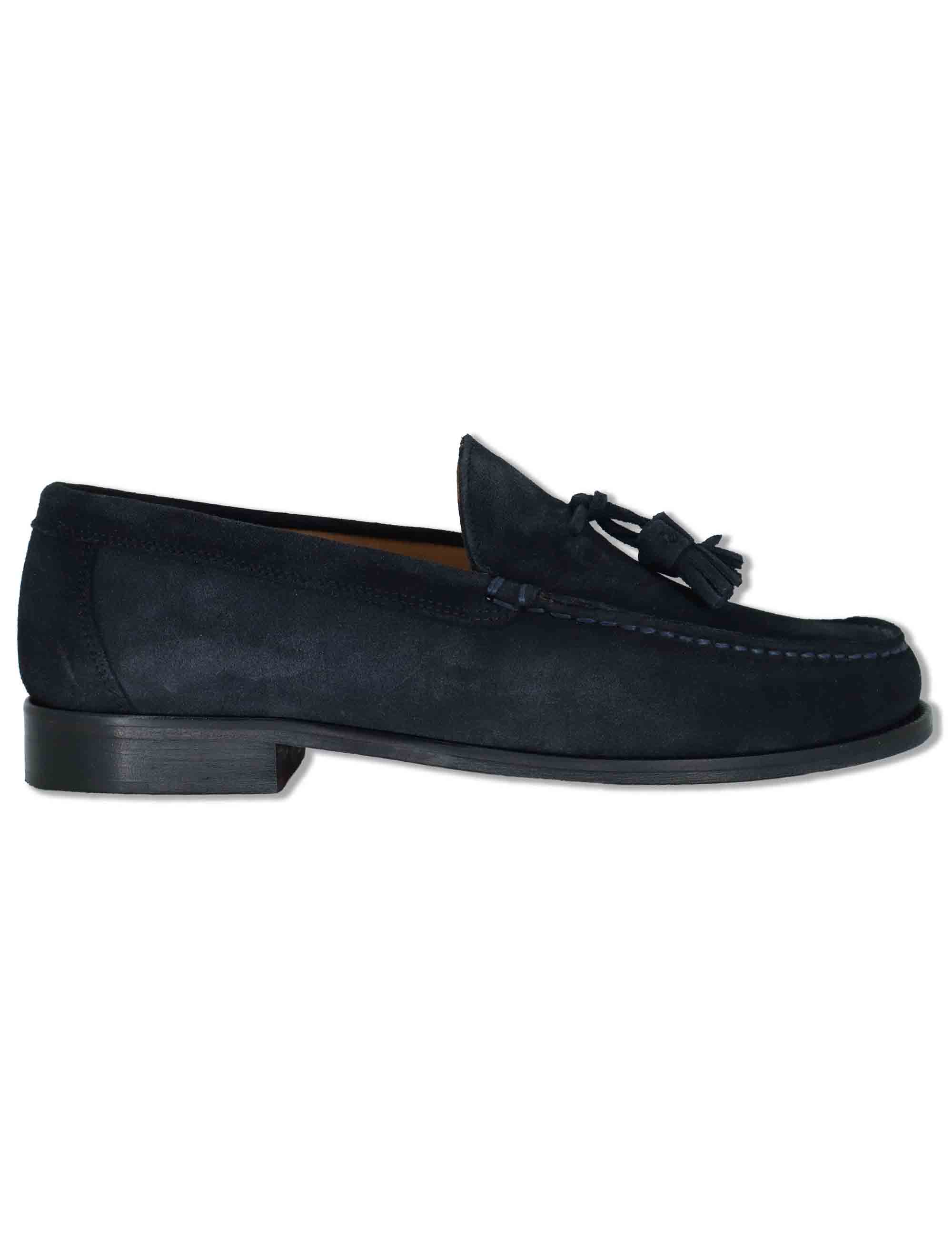 Mocassini uomo in camoscio blu con nappine e suola in cuoio cucita SPSBG1020 002 Spatarella 