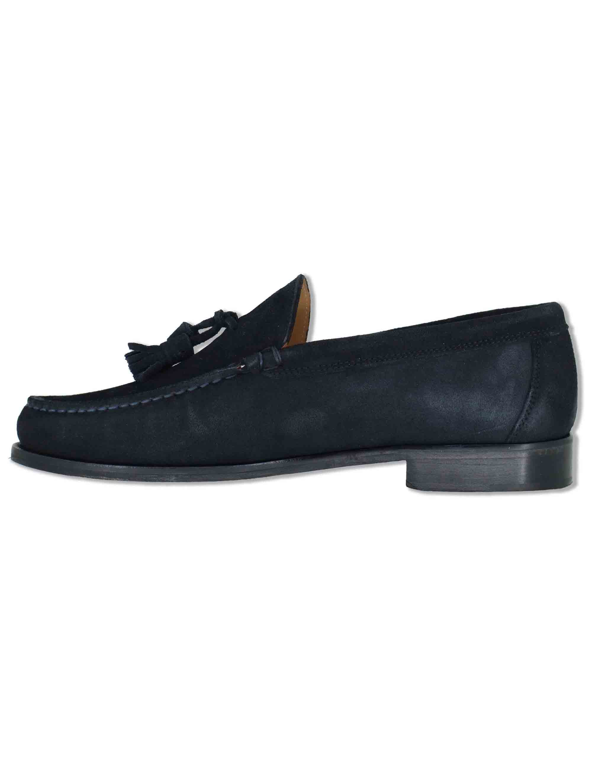 Mocassini uomo in camoscio blu con nappine e suola in cuoio cucita SPSBG1020 002 Spatarella 
