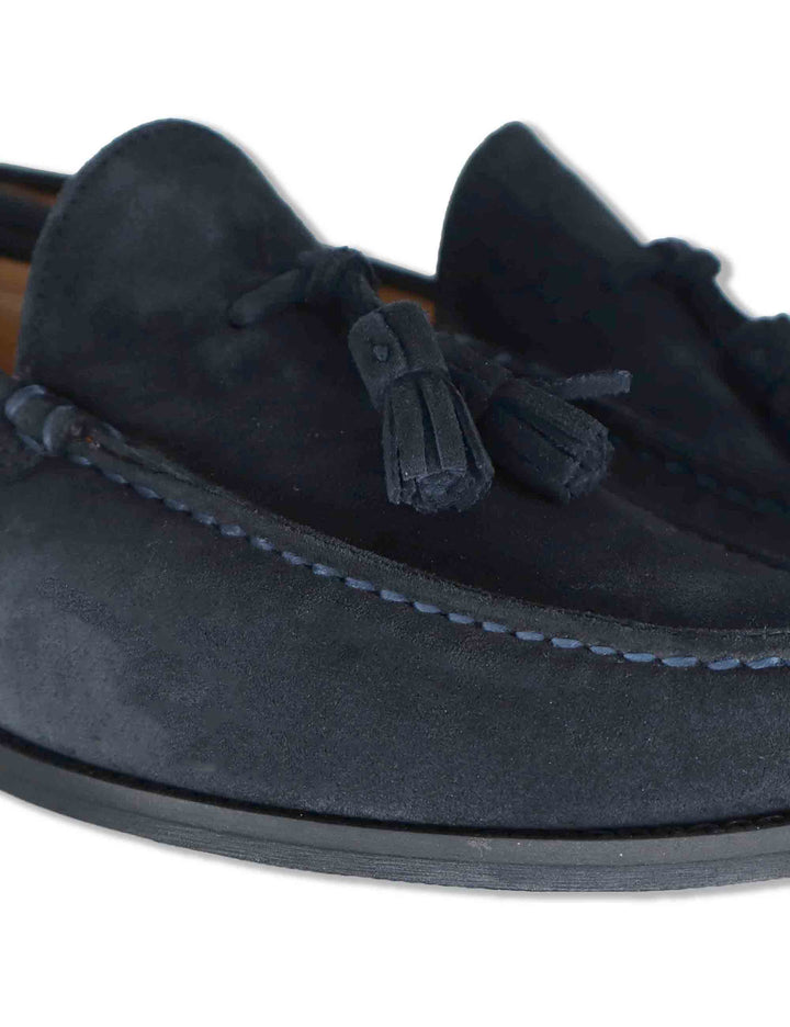 Mocassini uomo in camoscio blu con nappine e suola in cuoio cucita SPSBG1020 002 Spatarella 