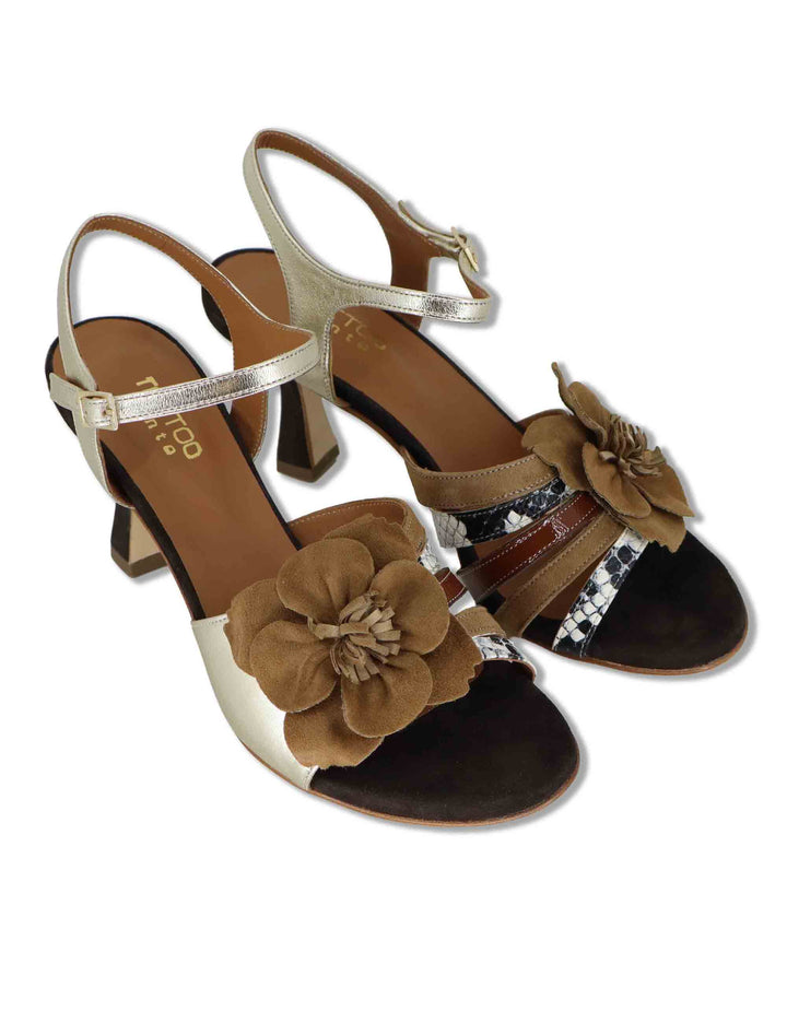 Sandali donna in pelle laminata oro e camoscio nero con fiore e tacco alto 1040 006 Tattoo 