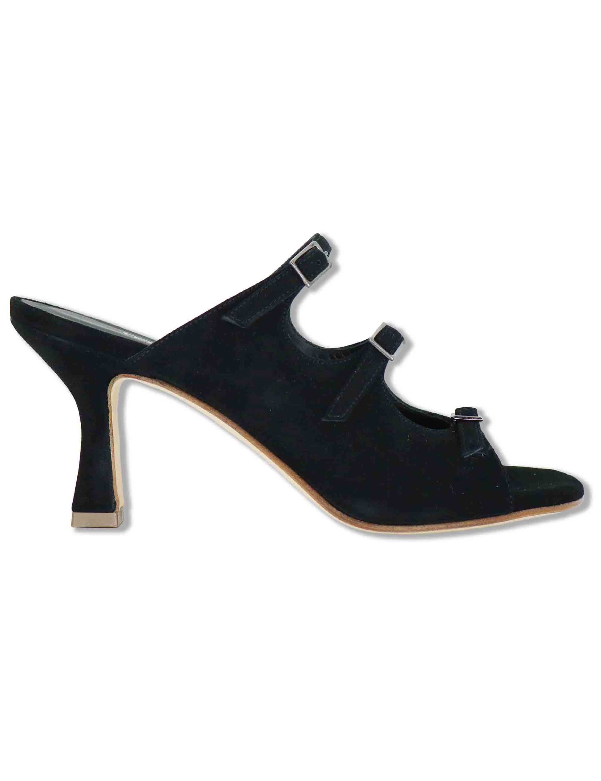 Sandali donna in camoscio nero con fibbiette e tacco alto 1050 001 Tattoo 