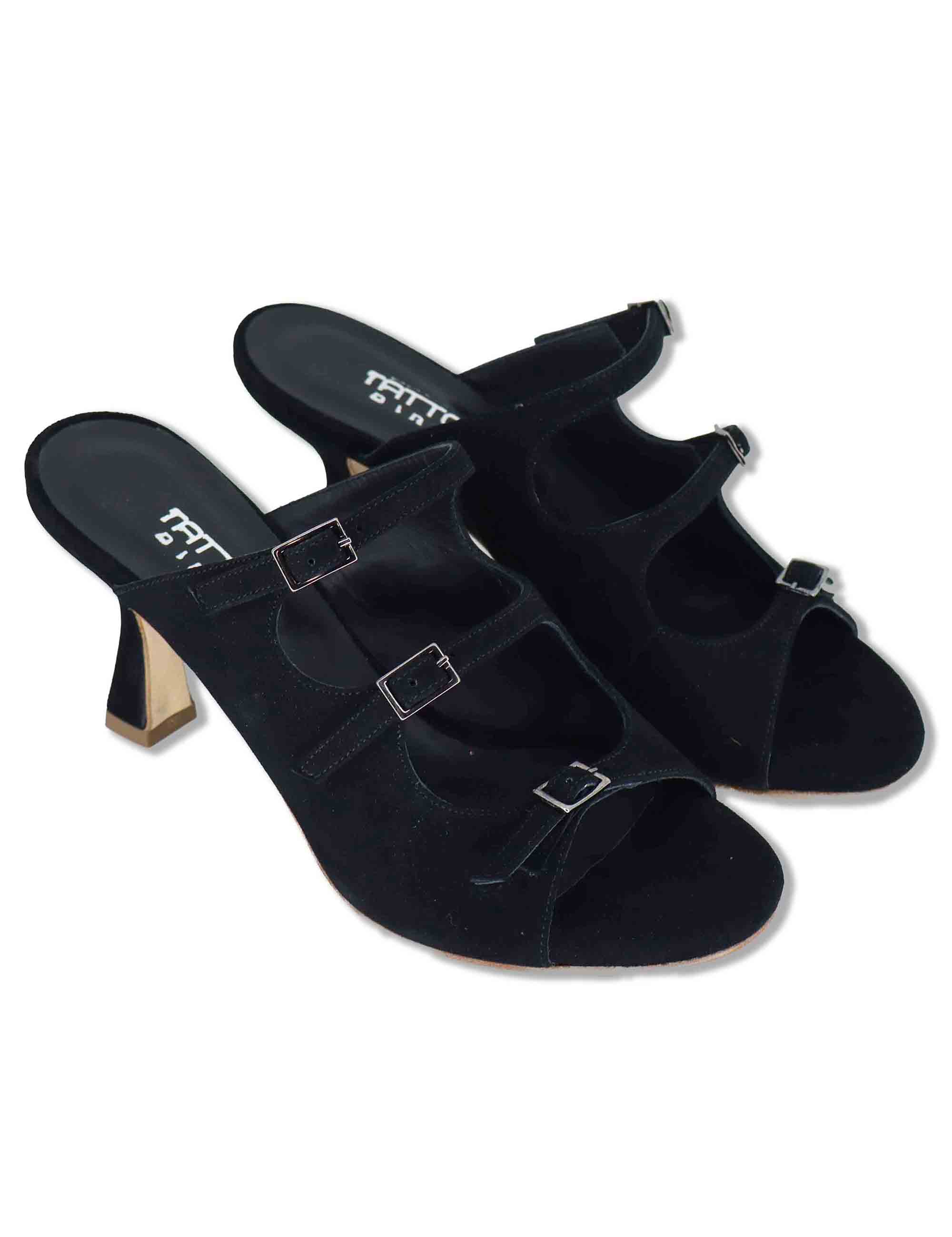 Sandali donna in camoscio nero con fibbiette e tacco alto 1050 001 Tattoo 