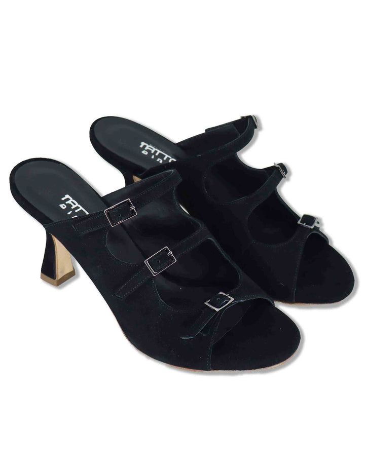 Sandali donna in camoscio nero con fibbiette e tacco alto 1050 001 Tattoo 