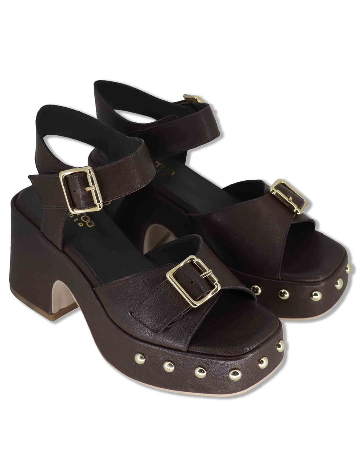 Sandali donna in pelle marrone con cinturino e zeppa alta con borchie e fibbie HILTON24100 014 Tattoo 
