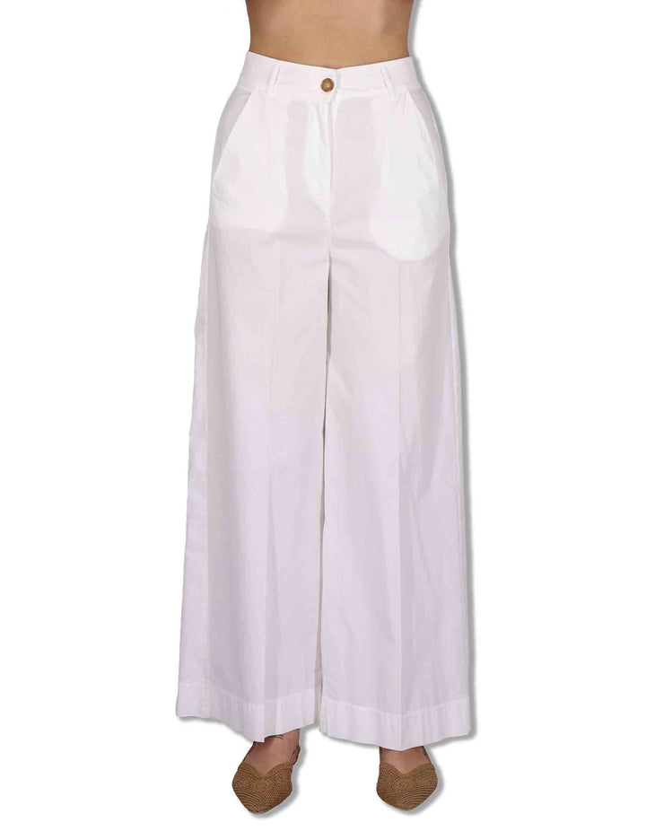 Pantaloni donna in cotone stretch off white a gamba larga PILEA OVO_WHITE TreBarraBi 
