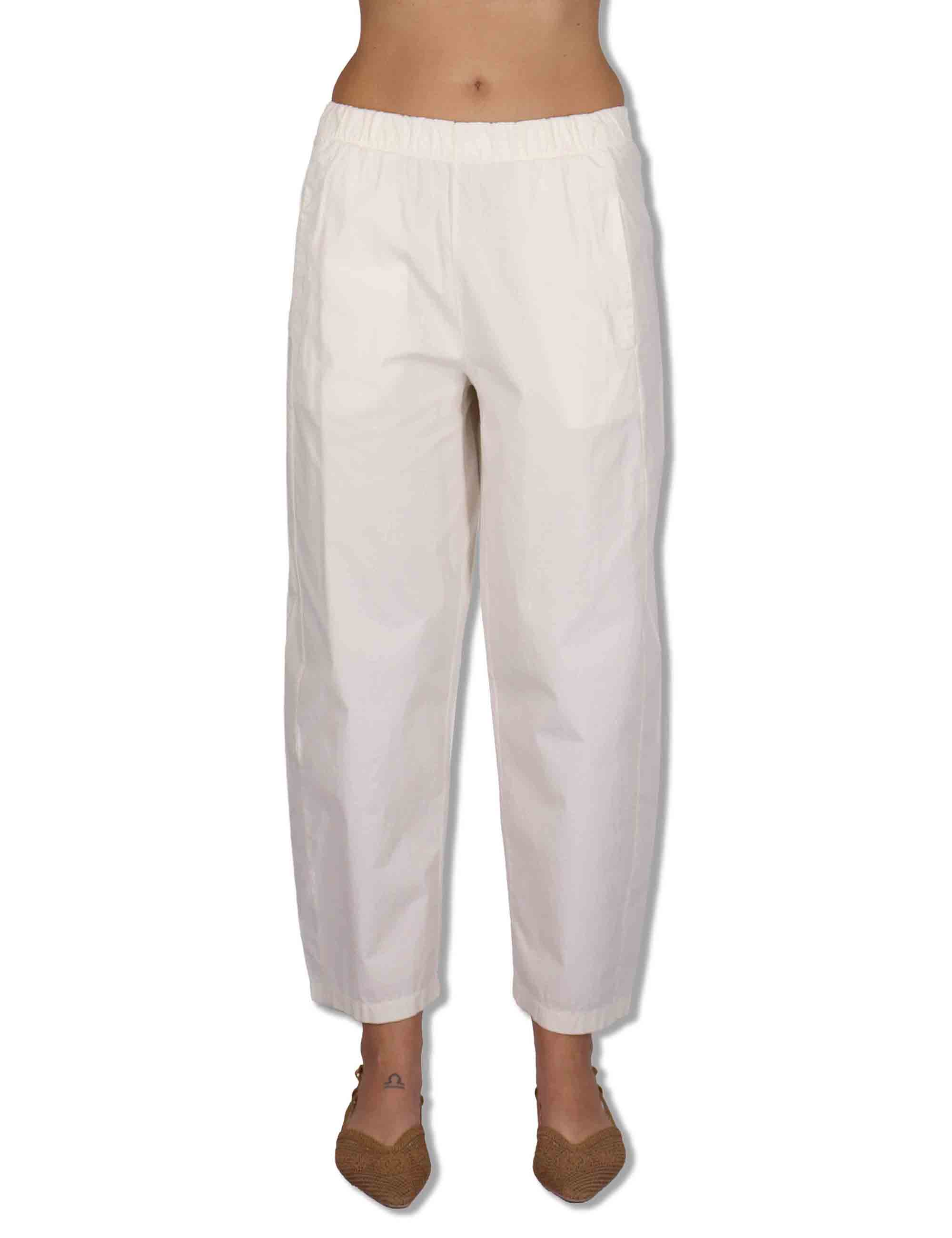 Pantaloni donna in cotone bianco con elastico in vita e gamba a palloncino PRUX OVO_BUTTER TreBarraBi 