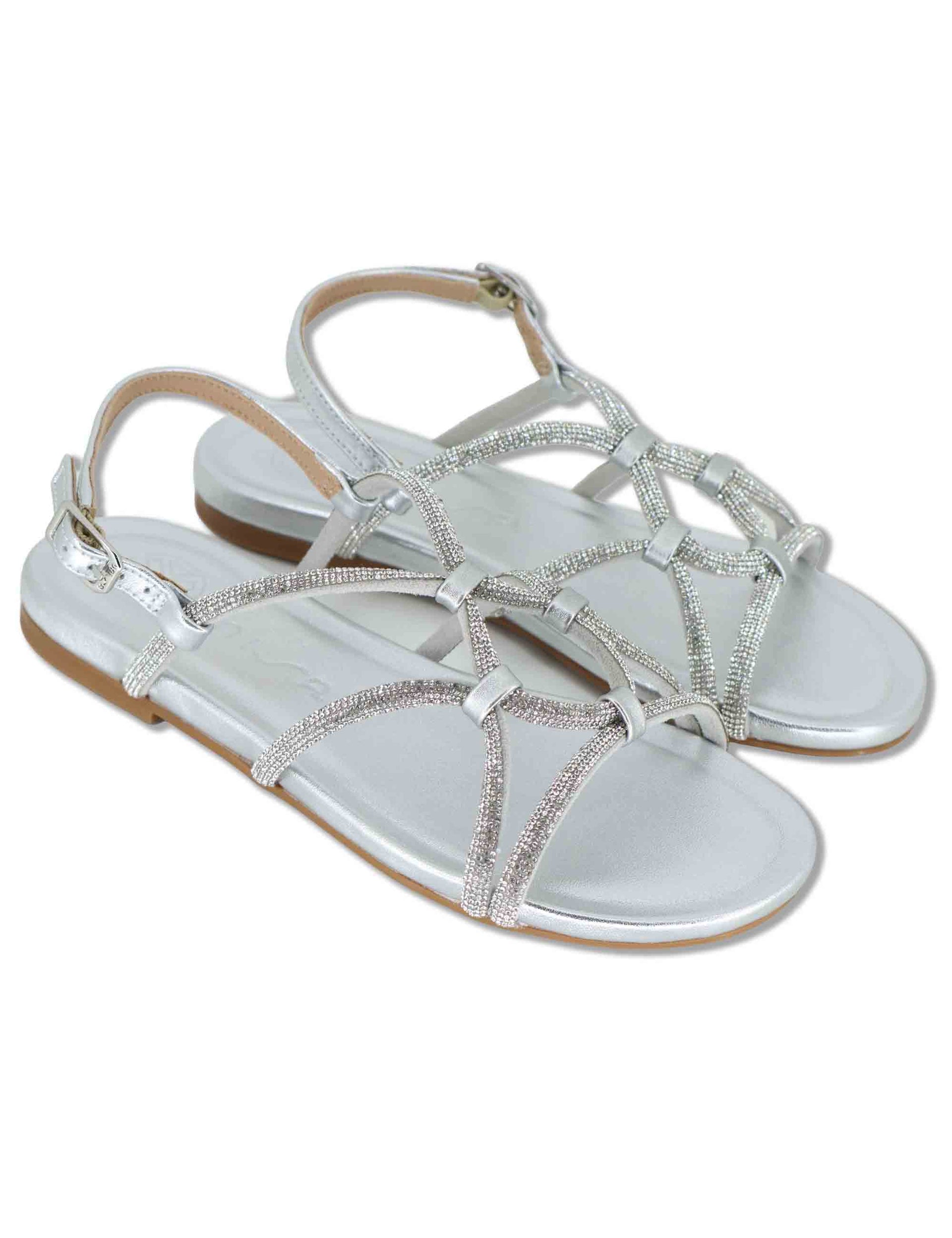 Sandali bassi donna in pelle e strass argento con tacco basso COOPER LMT SILVER Unisa 