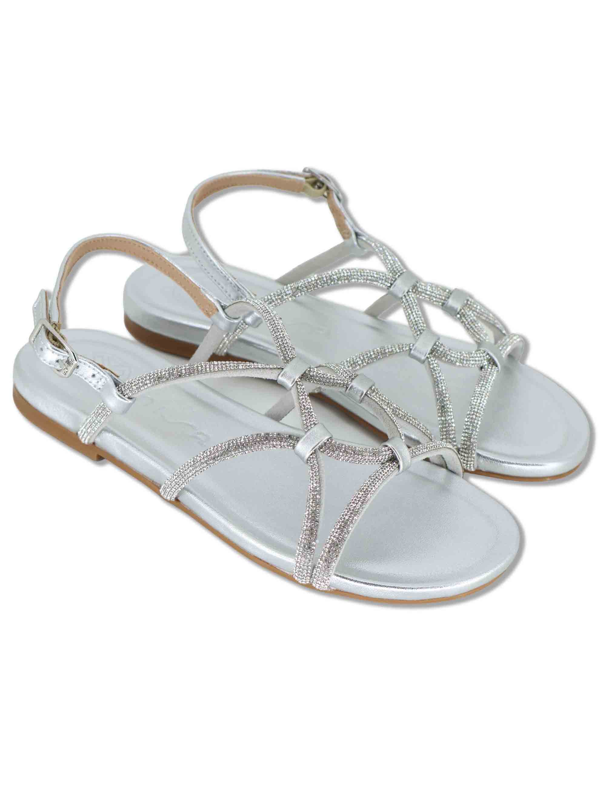 Sandali bassi donna in pelle e strass argento con tacco basso COOPER LMT SILVER Unisa 
