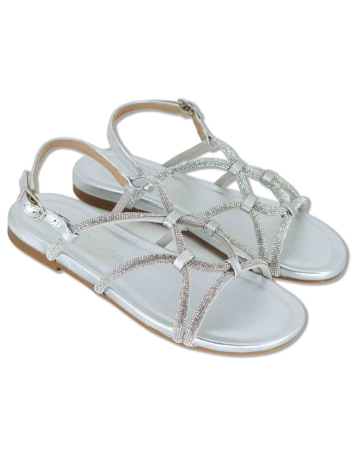 Sandali bassi donna in pelle e strass argento con tacco basso COOPER LMT SILVER Unisa 