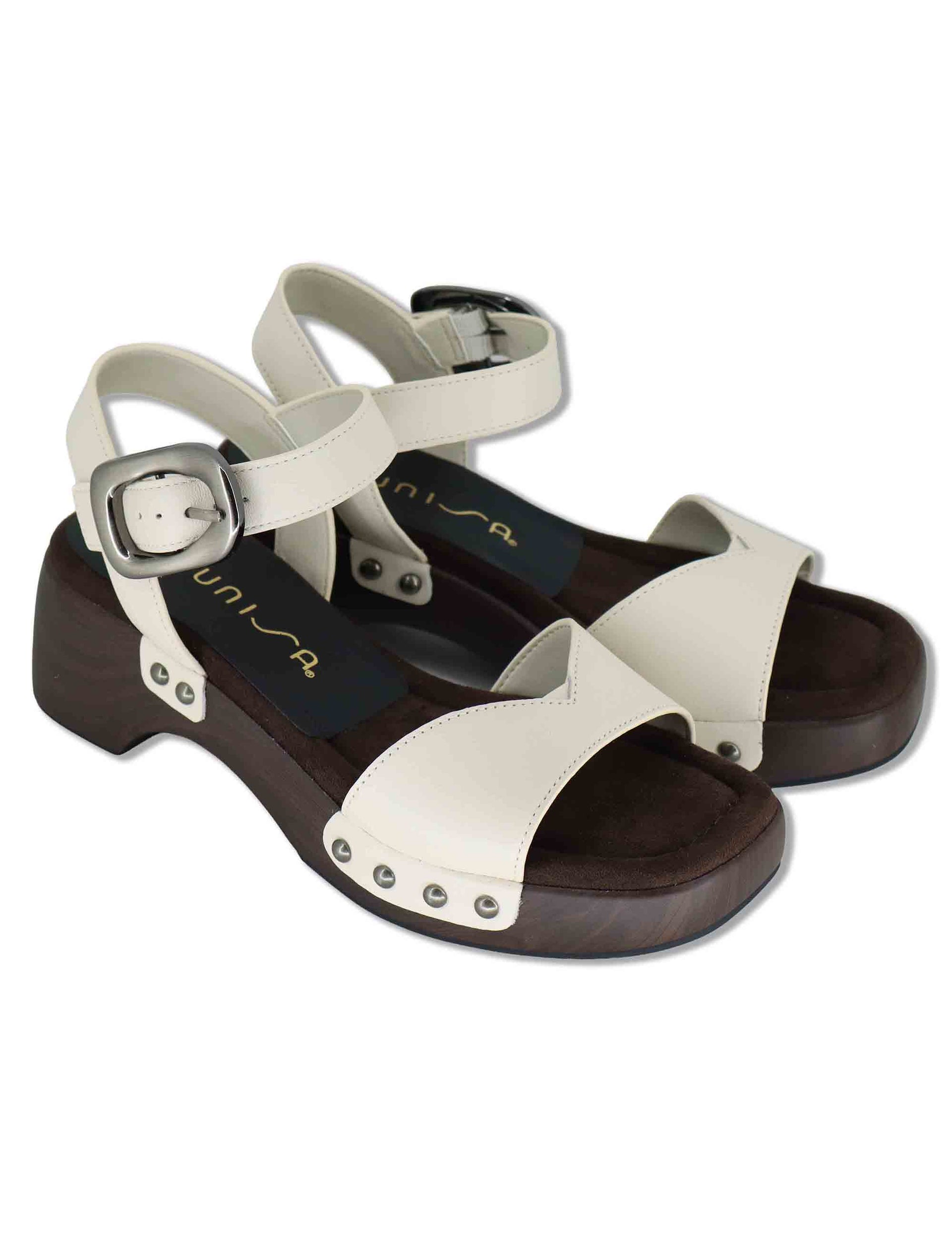 Sandali donna in pelle off white con zeppa bassa in legno INCA GRA IVORY Unisa 