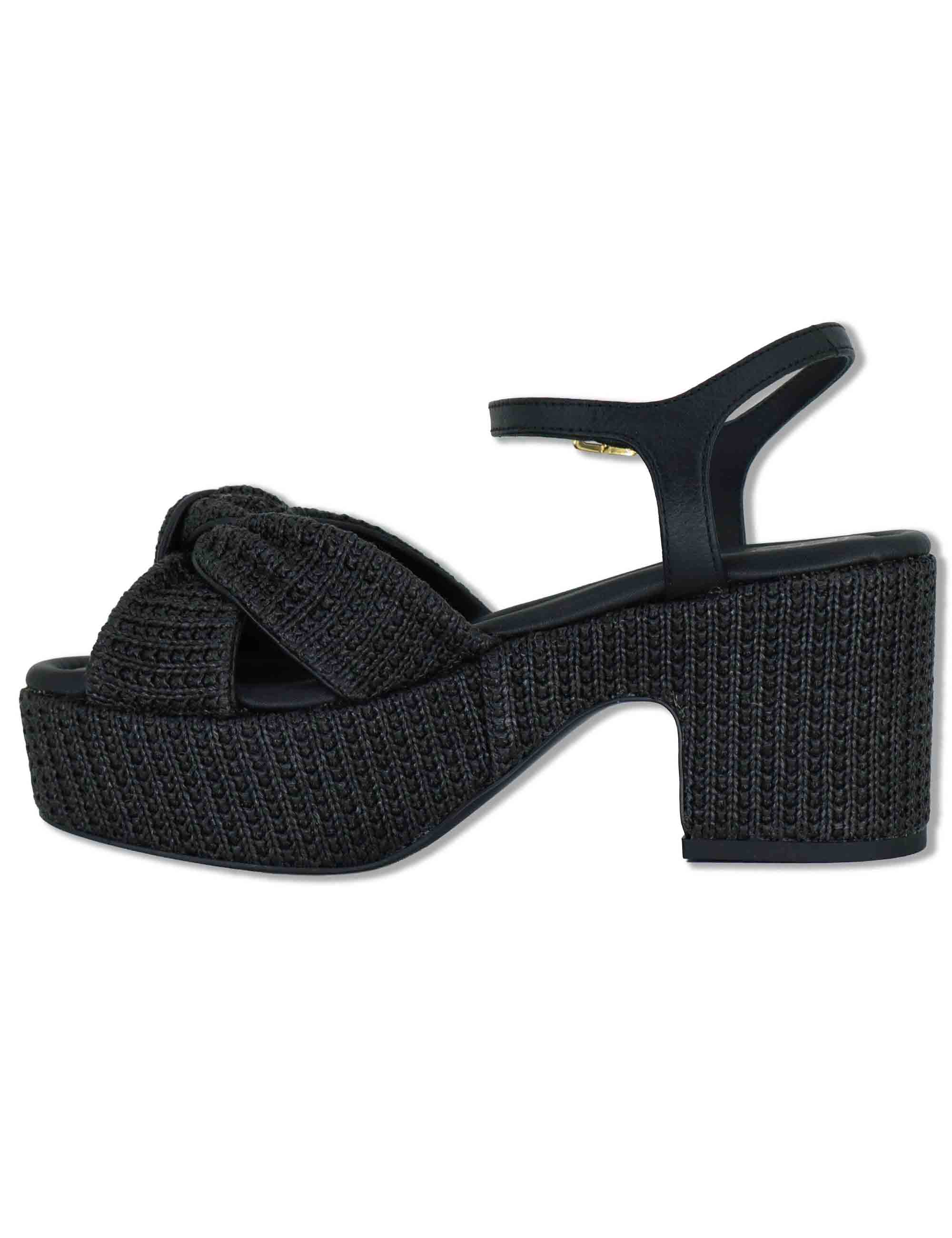 Sandali donna in pelle intrecciata nera con cinturino e zeppa alta KASIDI RH GRA BLACK Unisa 
