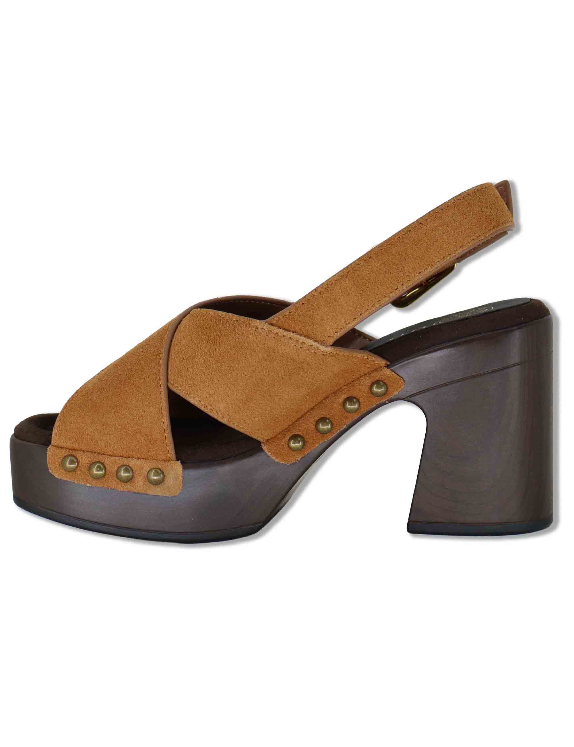 Sandali donna slingback in pelle cuoio con zeppa alta in legno OBRA BS NEW CUOIO Unisa 
