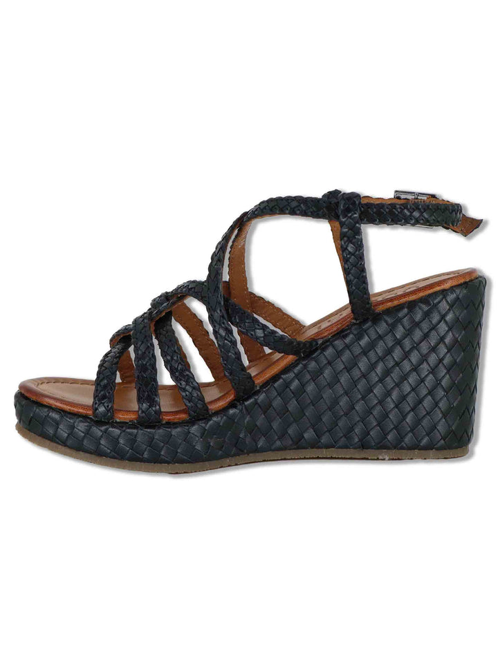 Sandali donna in pelle intrecciata nera con zeppa alta WD319R29 500007 Vueva 
