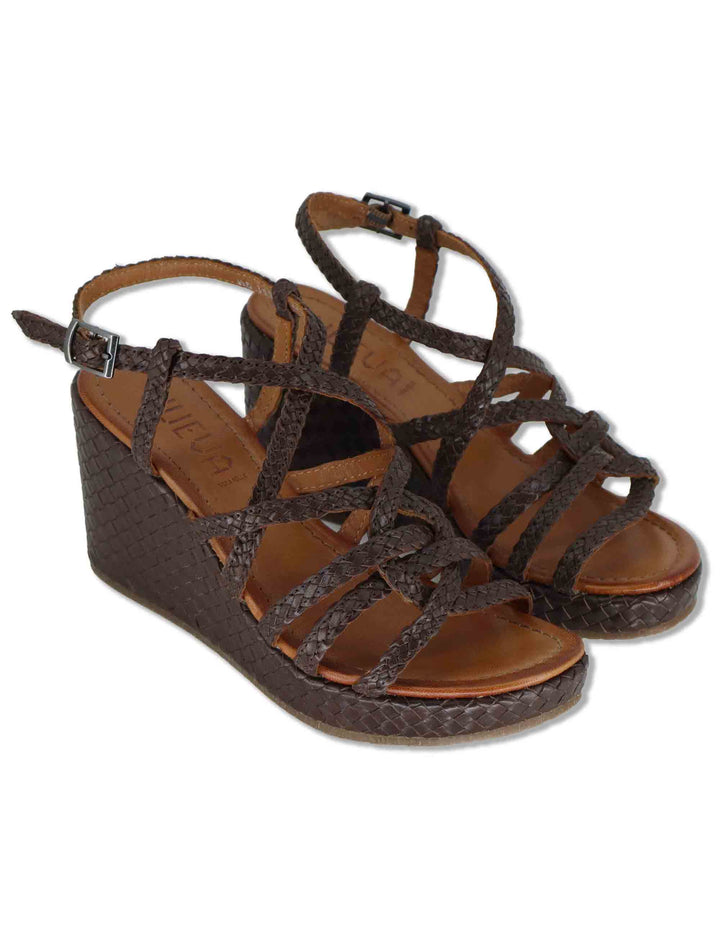 Sandali donna in pelle intrecciata marrone con zeppa alta WD319R29 500011 Vueva 