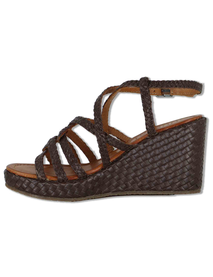 Sandali donna in pelle intrecciata marrone con zeppa alta WD319R29 500011 Vueva 