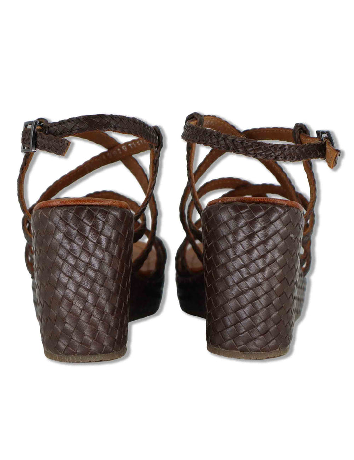 Sandali donna in pelle intrecciata marrone con zeppa alta WD319R29 500011 Vueva 