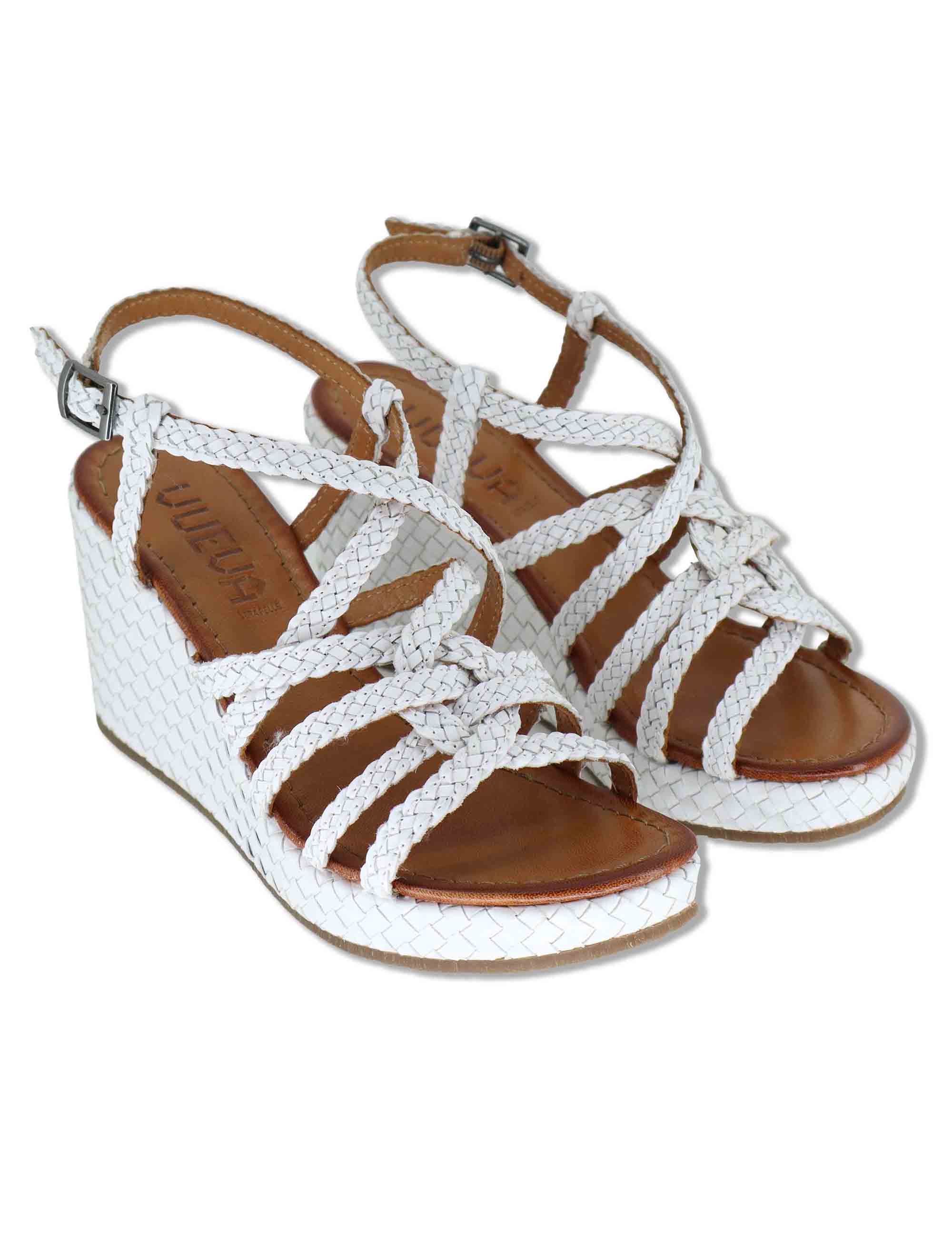 Sandali donna in pelle intrecciata bianca con zeppa alta WD319R29 500051 Vueva 