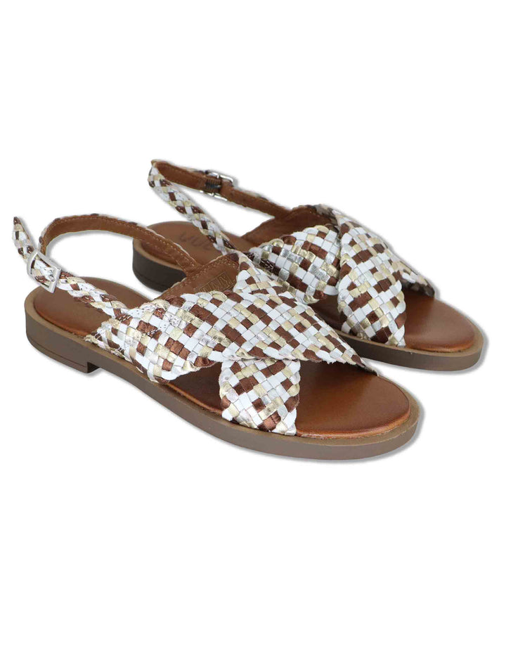 Sandali donna slingback flat in pelle intrecciata bianca e laminato a doppia fascia WD425R32 500138 Vueva 