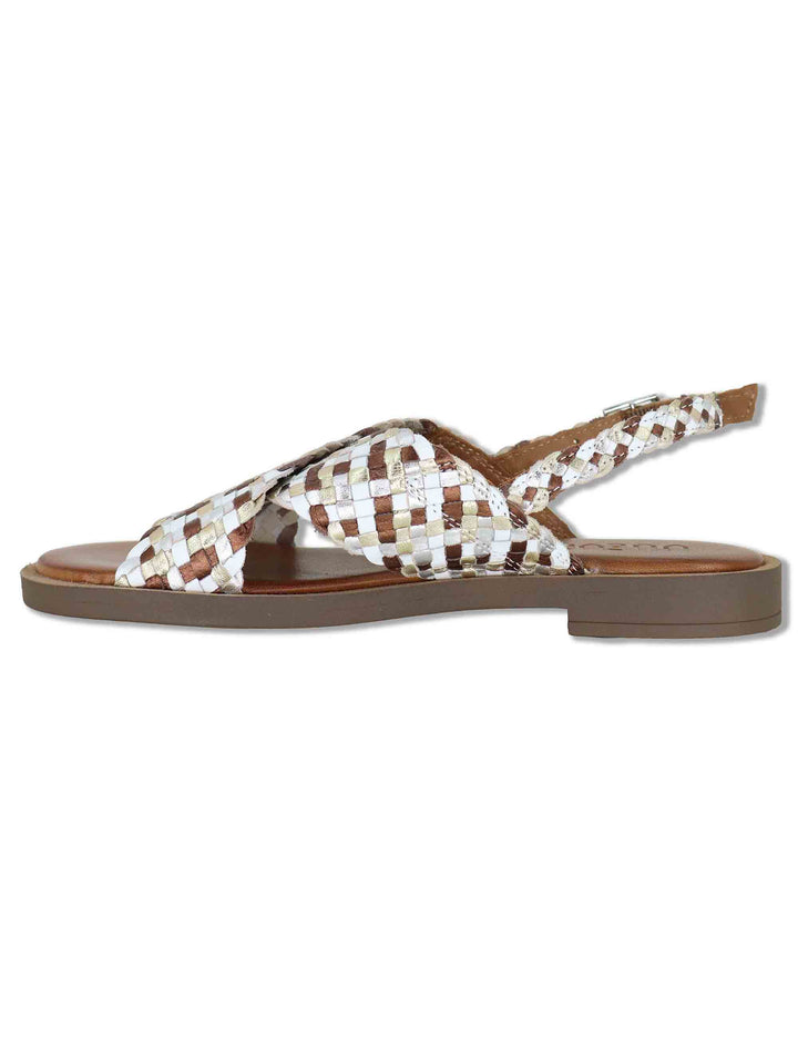 Sandali donna slingback flat in pelle intrecciata bianca e laminato a doppia fascia WD425R32 500138 Vueva 