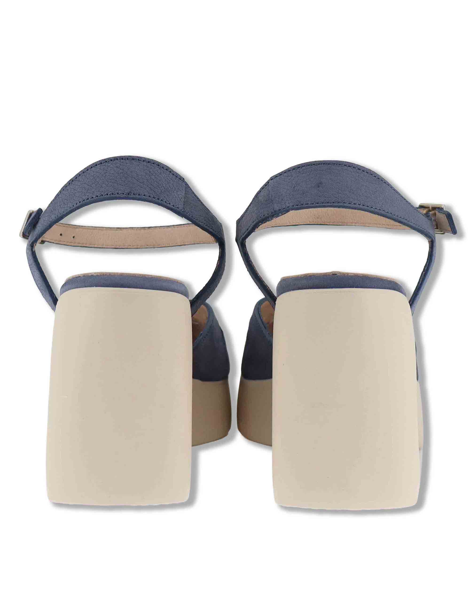Sandali donna in pelle blu con cinturino alla caviglia e zeppa alta in gomma H-4991 002 Wonders 