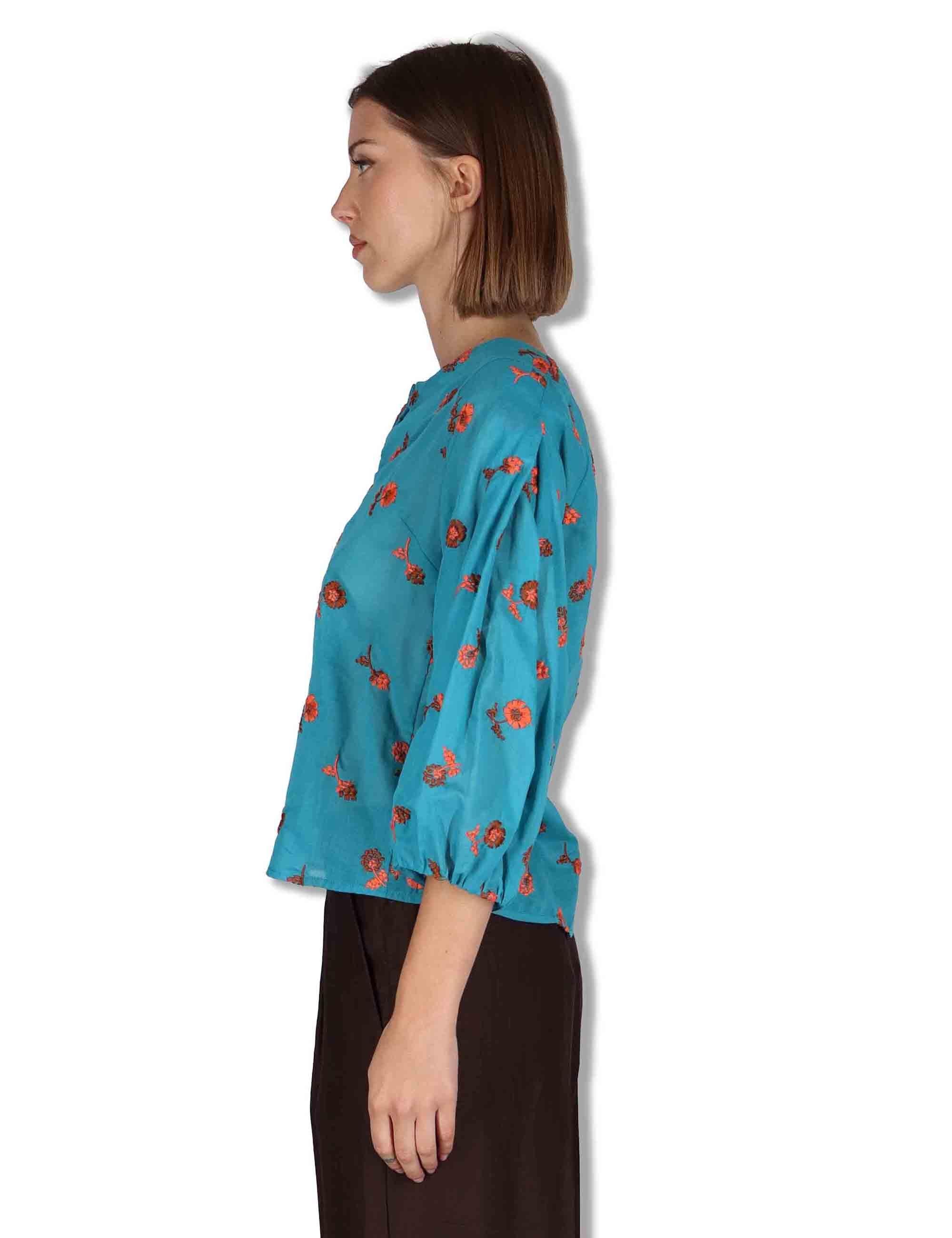 Camicie donna in cotone turchese con ricami florali e maniche a 3/4 JABCM0001-F1509-1231 6005 Justmine 