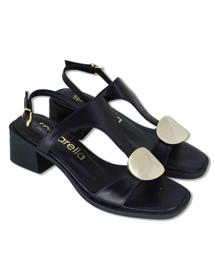 Sandali donna in pelle nera con borchia oro cinturino posteriore e tacco medio SP262065 001 Spatarella 