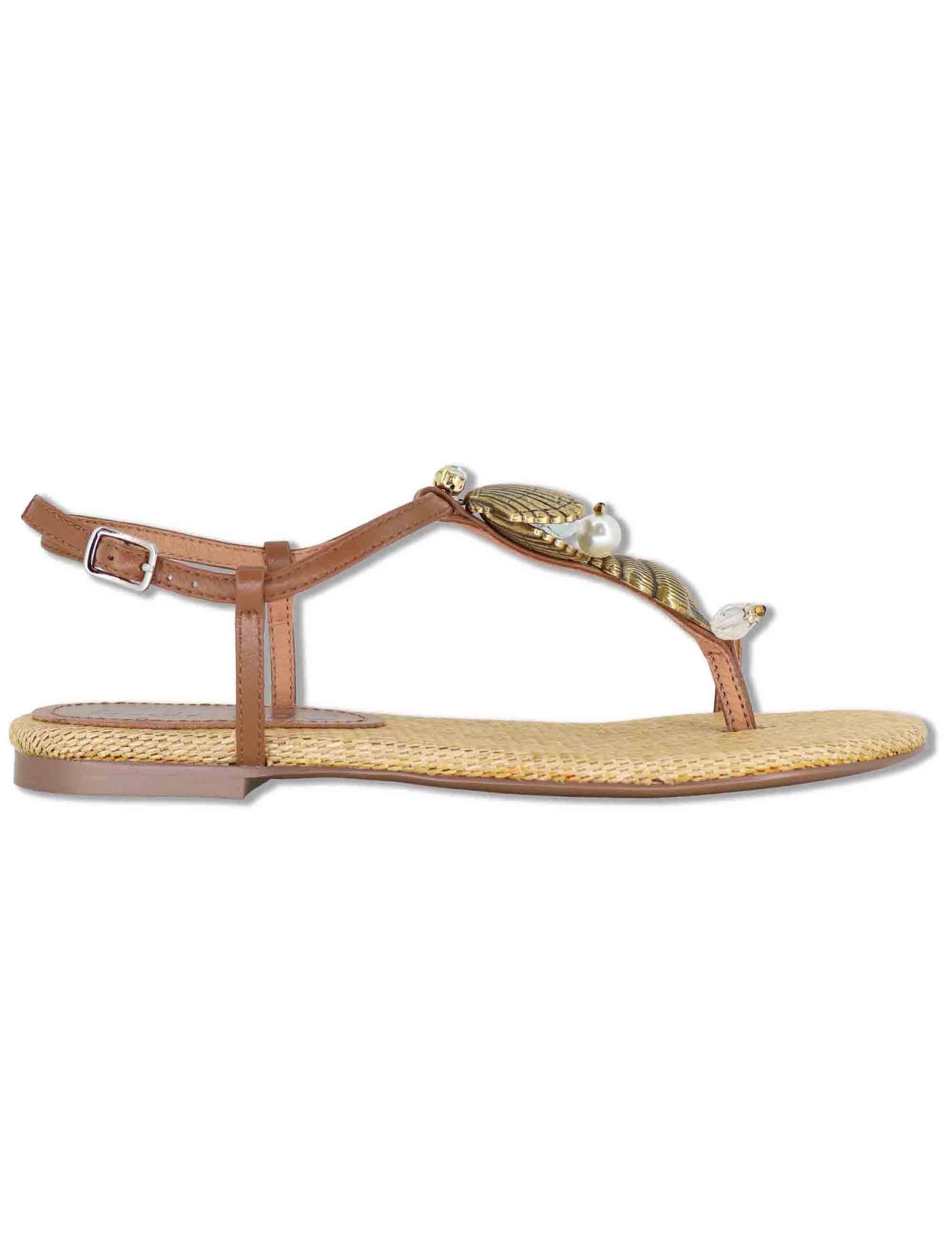 Sandali donna flat in pelle cuoio con accessorio gioiello e sottopiede in rafia 709Z10VK 92-CUERO Bibi Lou 